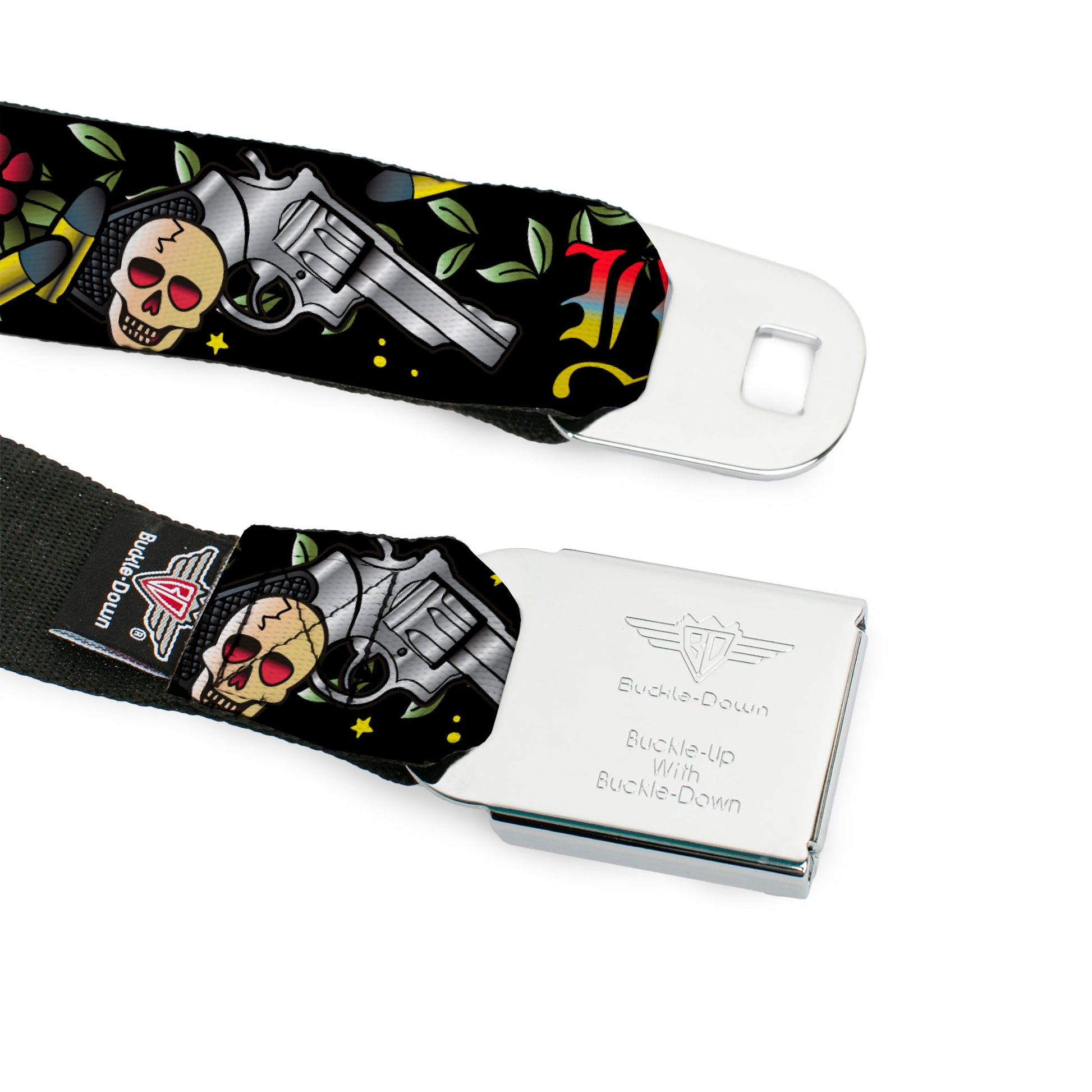 BD Wings Logo CLOSE-UP Full Color Black Silver Seatbelt Belt - Born to Raise Hell Black Webbing Seatbelt Belts Buckle-Down