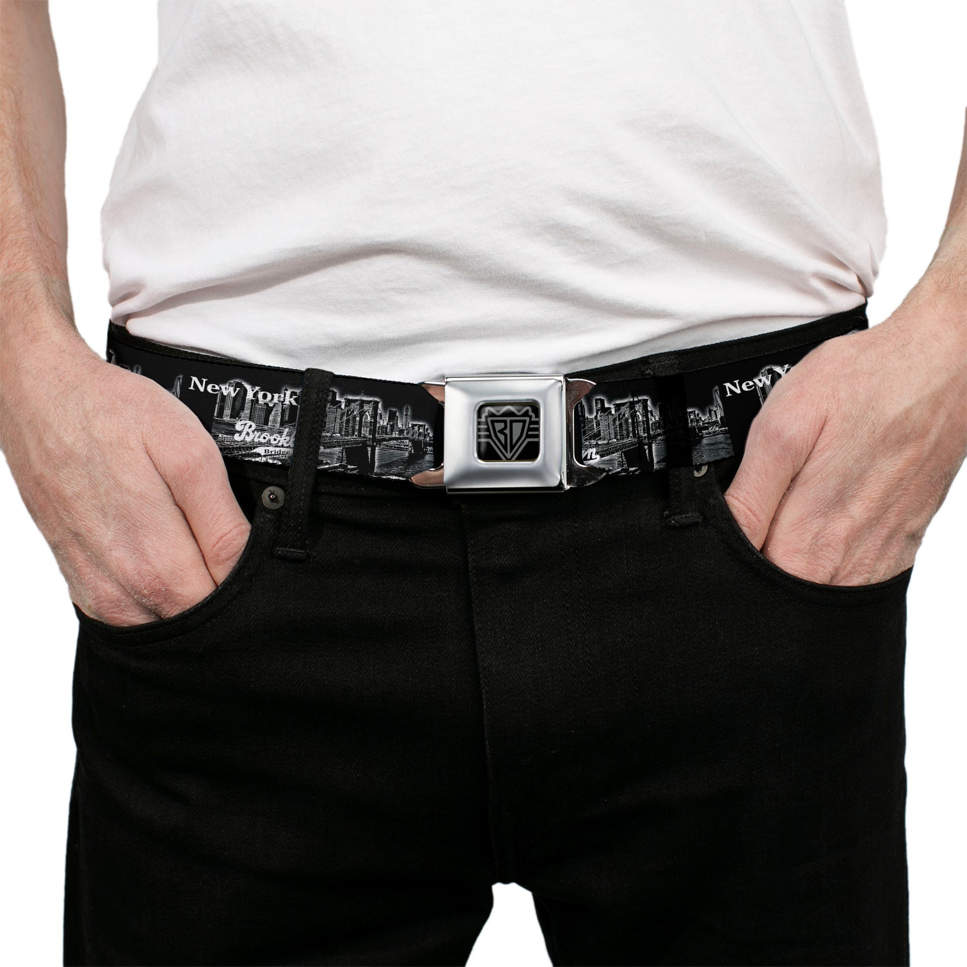 BD Wings Logo CLOSE-UP Full Color Black Silver Seatbelt Belt - Brooklyn New York Webbing Seatbelt Belts Buckle-Down