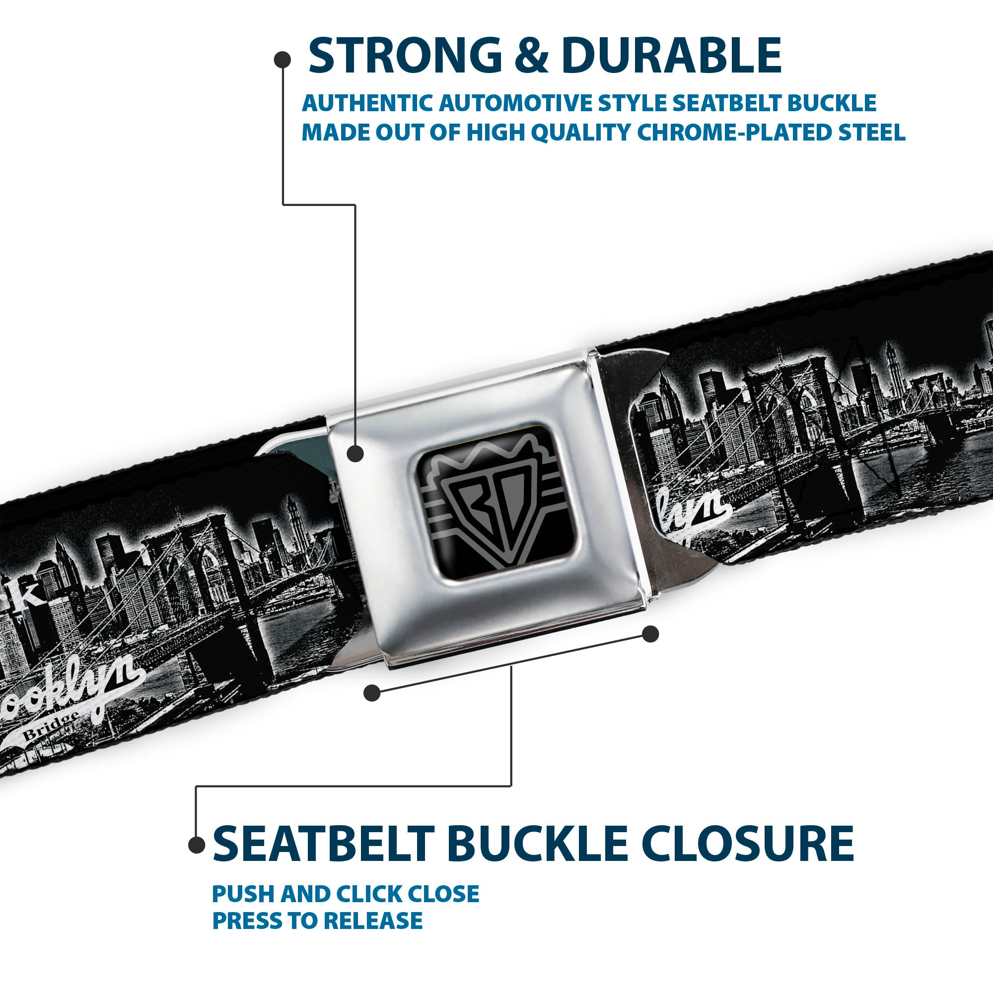 BD Wings Logo CLOSE-UP Full Color Black Silver Seatbelt Belt - Brooklyn New York Webbing Seatbelt Belts Buckle-Down
