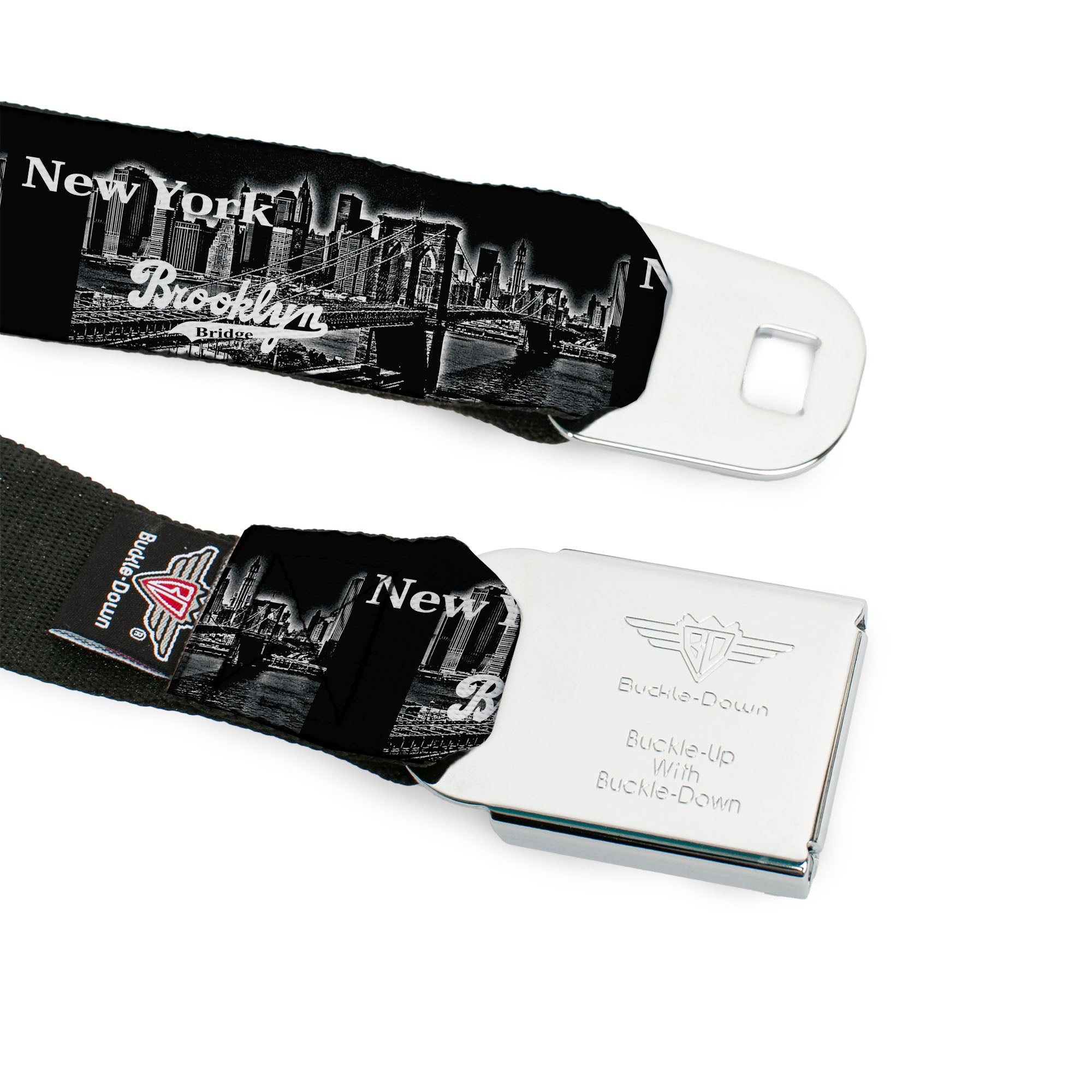 BD Wings Logo CLOSE-UP Full Color Black Silver Seatbelt Belt - Brooklyn New York Webbing Seatbelt Belts Buckle-Down