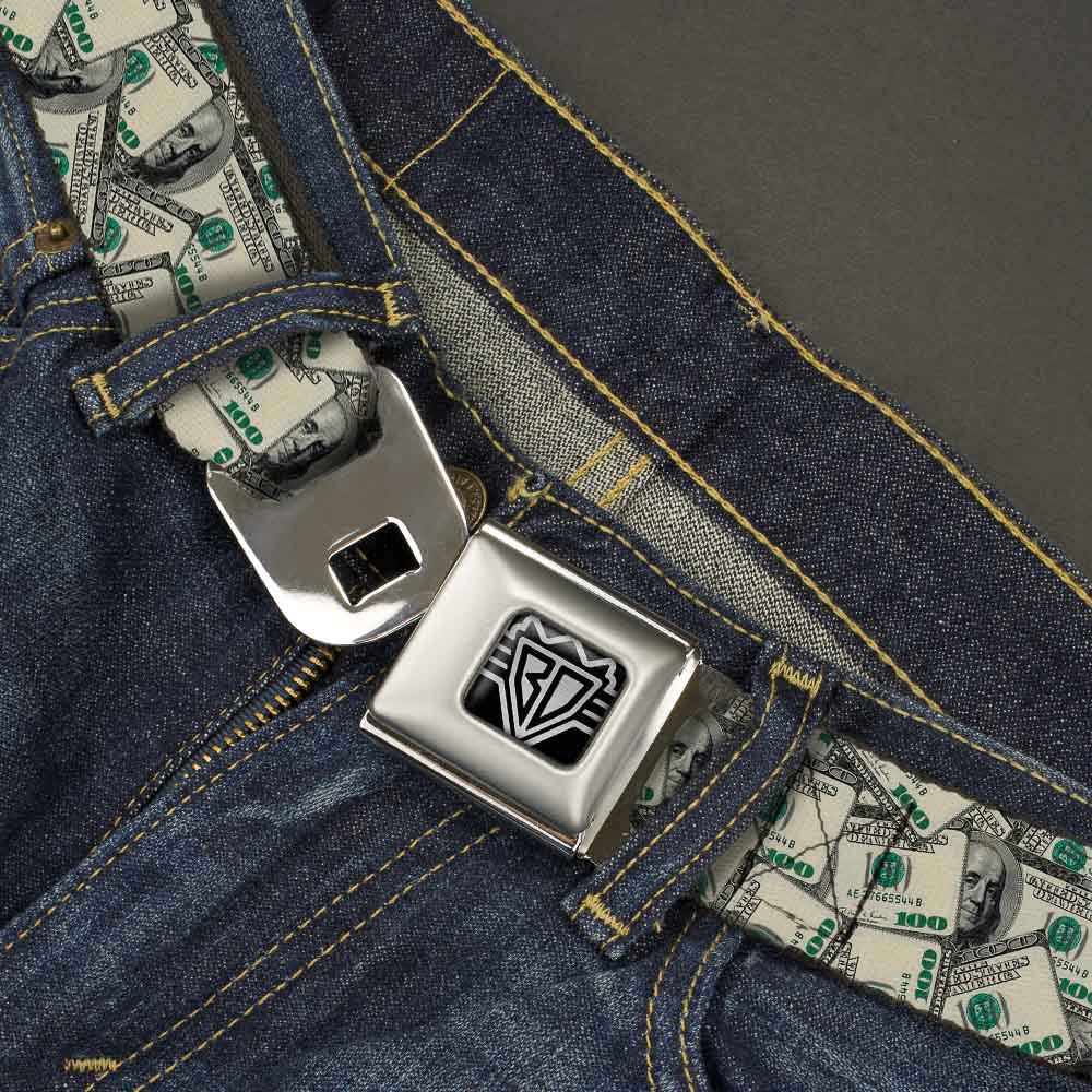 BD Wings Logo CLOSE-UP Full Color Black Silver Seatbelt Belt - Benjamins Webbing Seatbelt Belts Buckle-Down