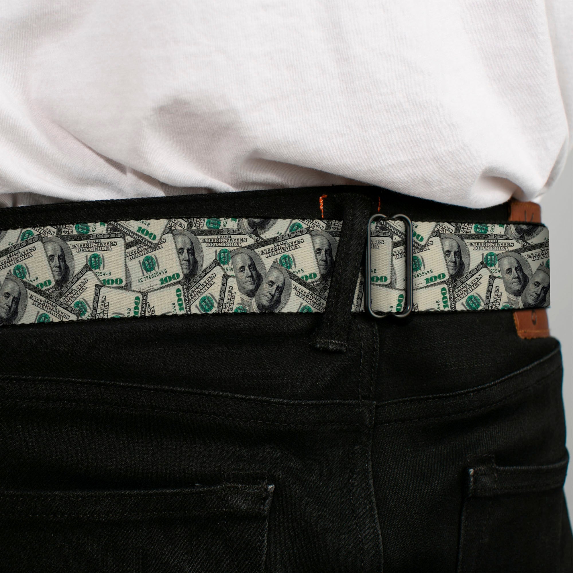 BD Wings Logo CLOSE-UP Full Color Black Silver Seatbelt Belt - Benjamins Webbing Seatbelt Belts Buckle-Down