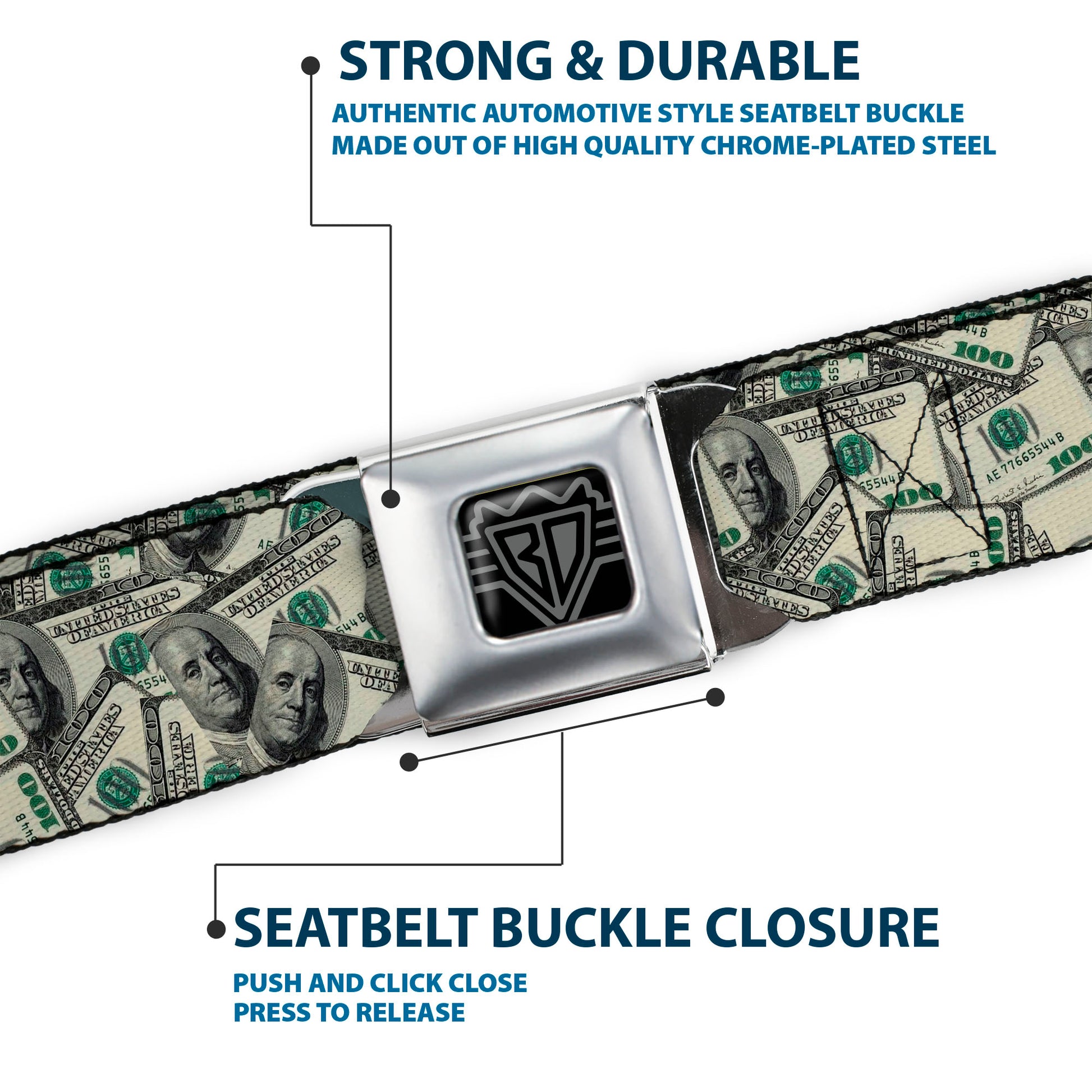 BD Wings Logo CLOSE-UP Full Color Black Silver Seatbelt Belt - Benjamins Webbing Seatbelt Belts Buckle-Down