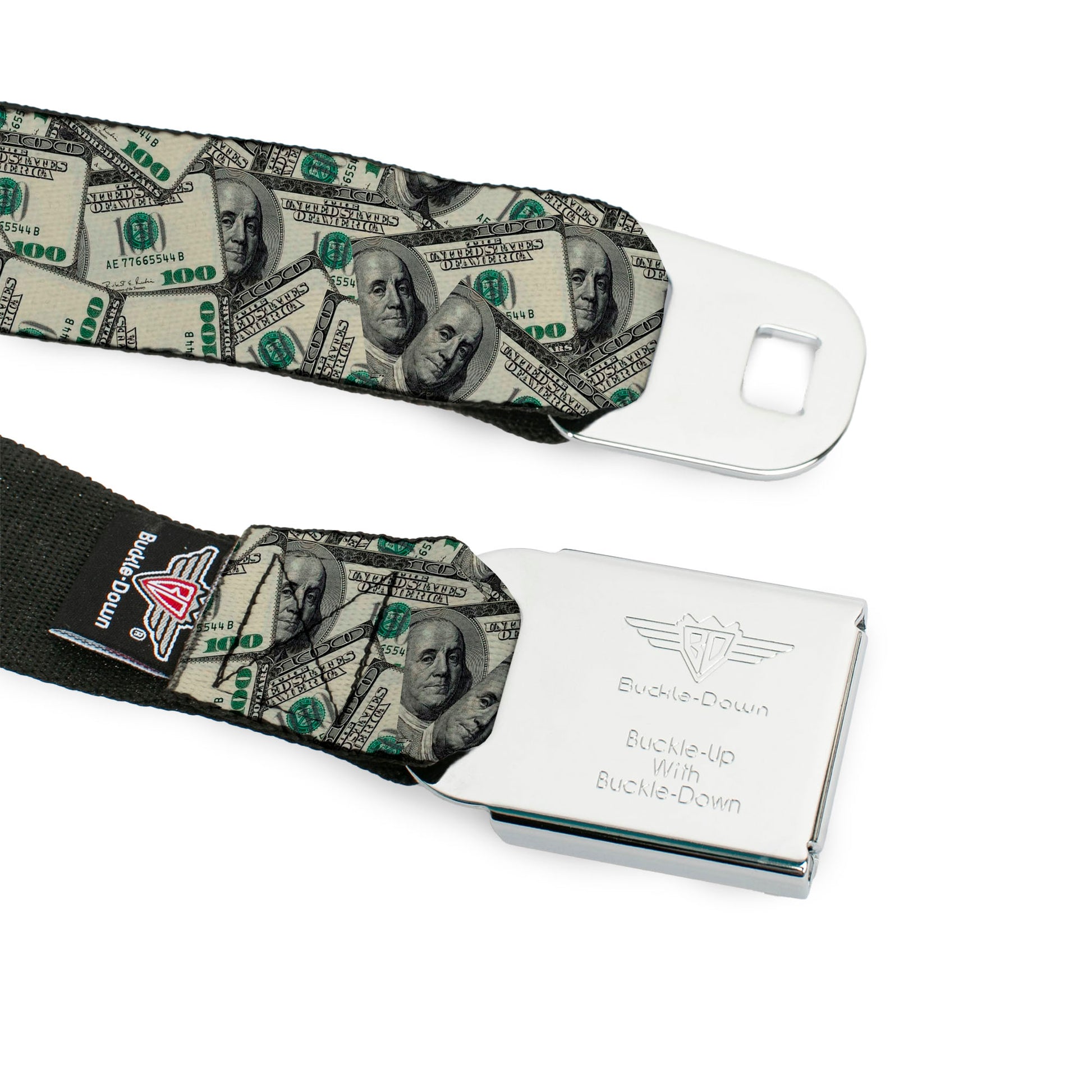 BD Wings Logo CLOSE-UP Full Color Black Silver Seatbelt Belt - Benjamins Webbing Seatbelt Belts Buckle-Down