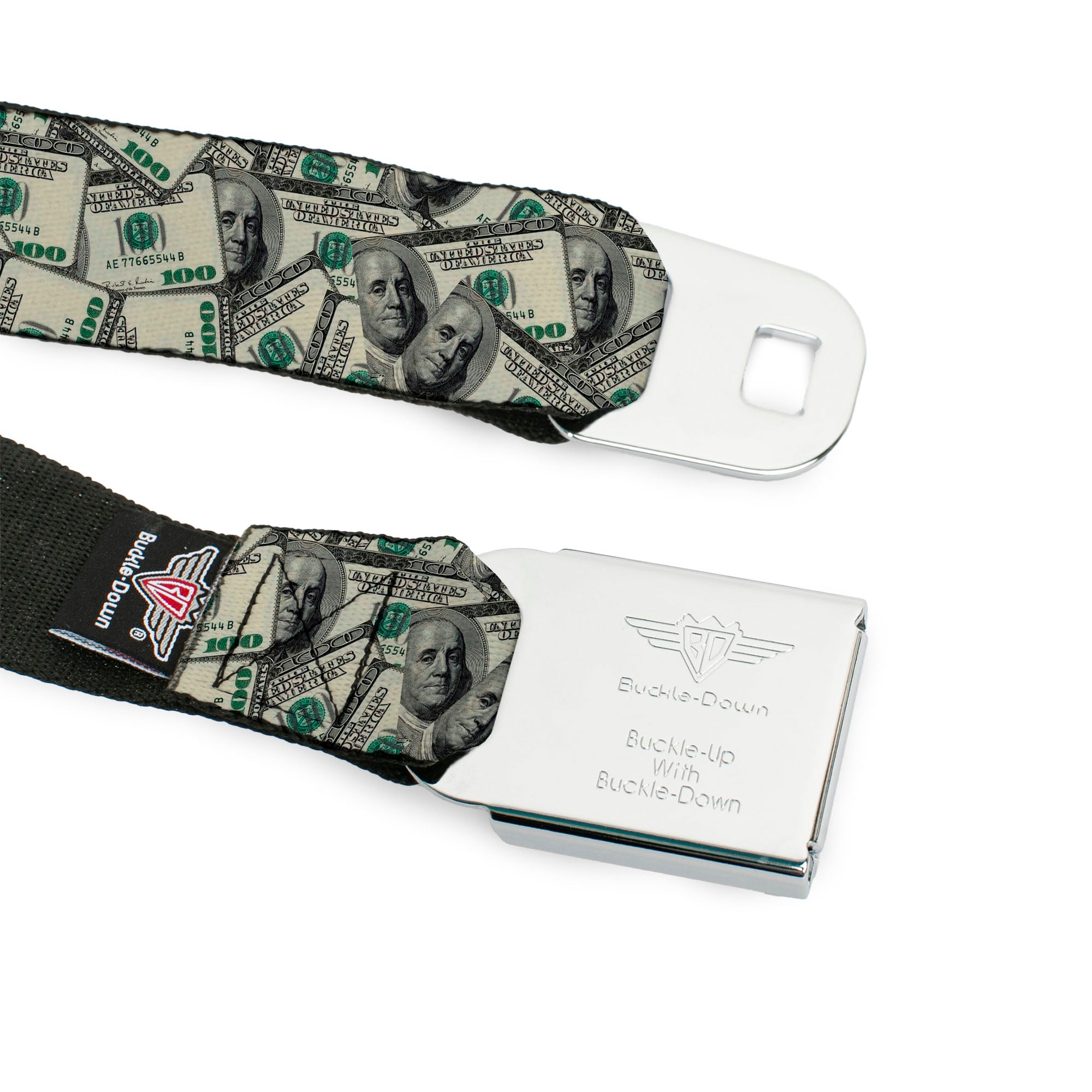 BD Wings Logo CLOSE-UP Full Color Black Silver Seatbelt Belt - Benjamins Webbing Seatbelt Belts Buckle-Down