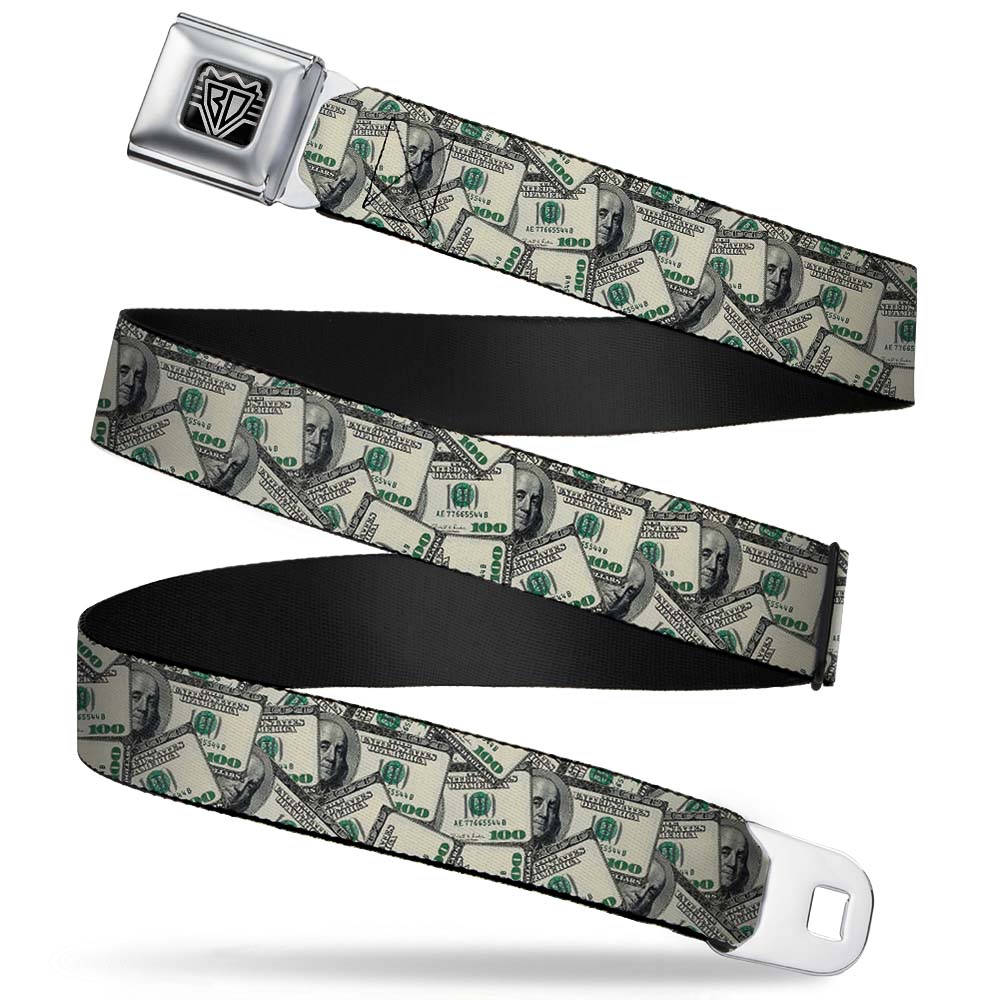 BD Wings Logo CLOSE-UP Full Color Black Silver Seatbelt Belt - Benjamins Webbing Seatbelt Belts Buckle-Down