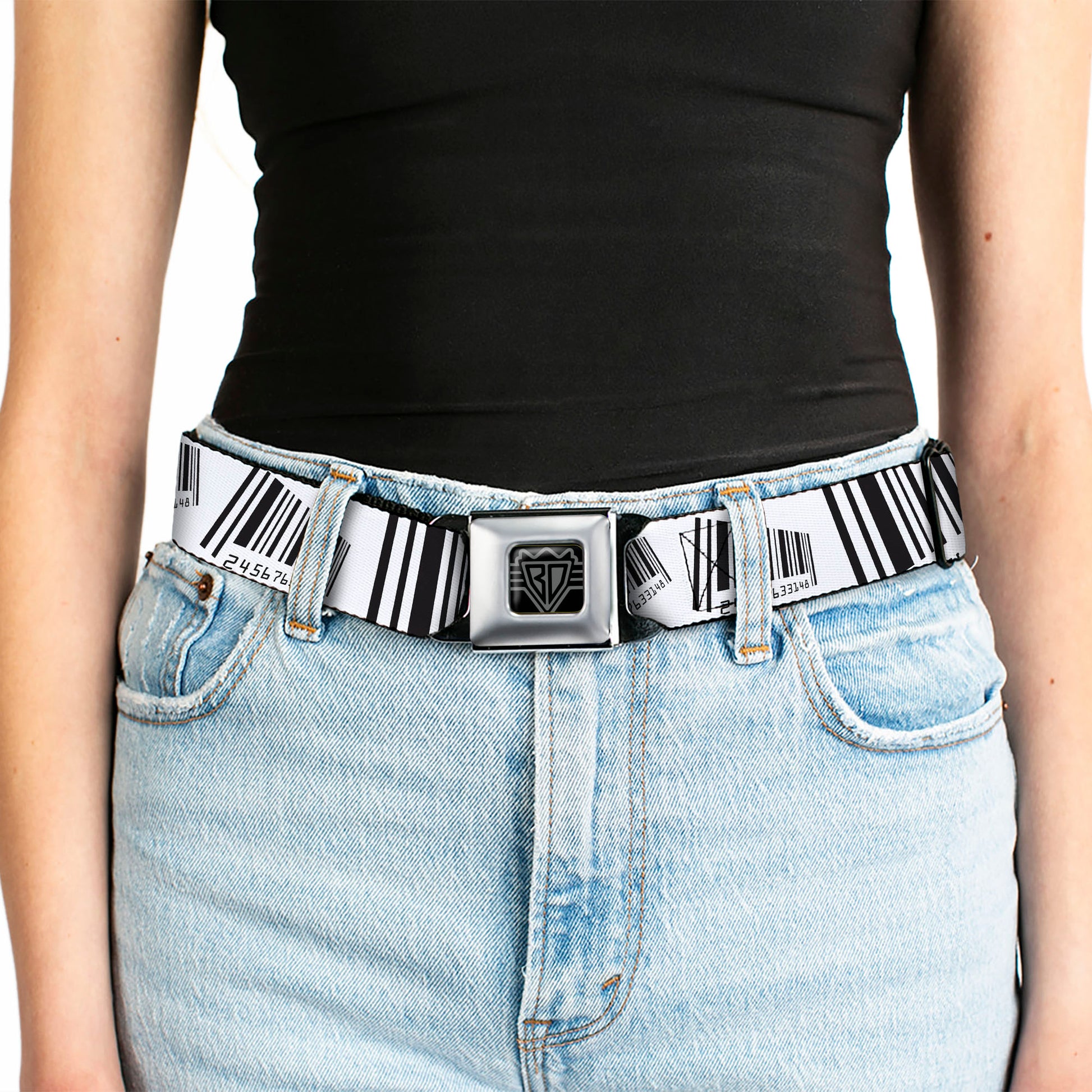 BD Wings Logo CLOSE-UP Full Color Black Silver Seatbelt Belt - Barcode Webbing Seatbelt Belts Buckle-Down