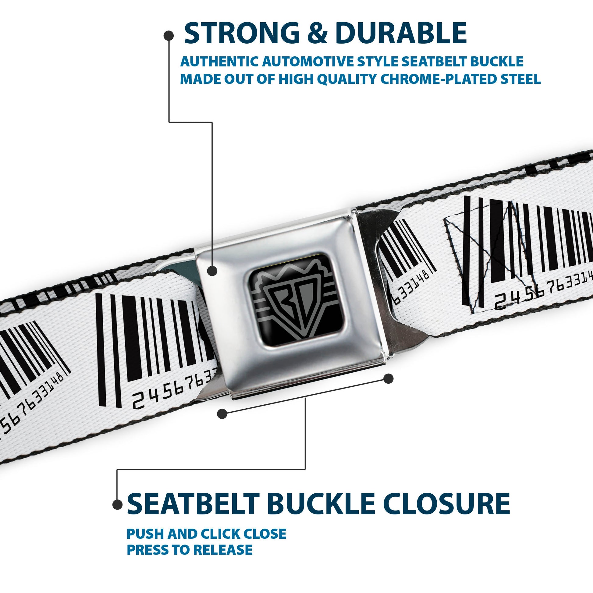 BD Wings Logo CLOSE-UP Full Color Black Silver Seatbelt Belt - Barcode Webbing Seatbelt Belts Buckle-Down