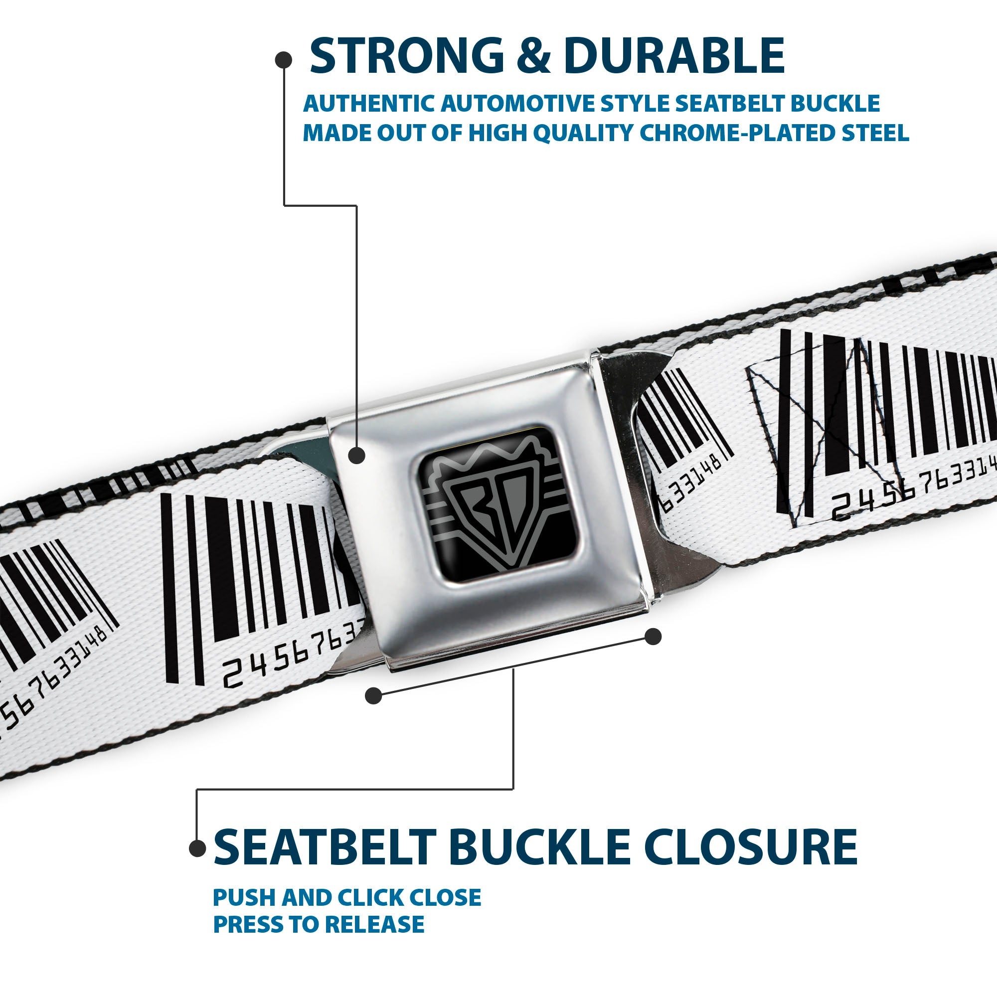 BD Wings Logo CLOSE-UP Full Color Black Silver Seatbelt Belt - Barcode Webbing Seatbelt Belts Buckle-Down