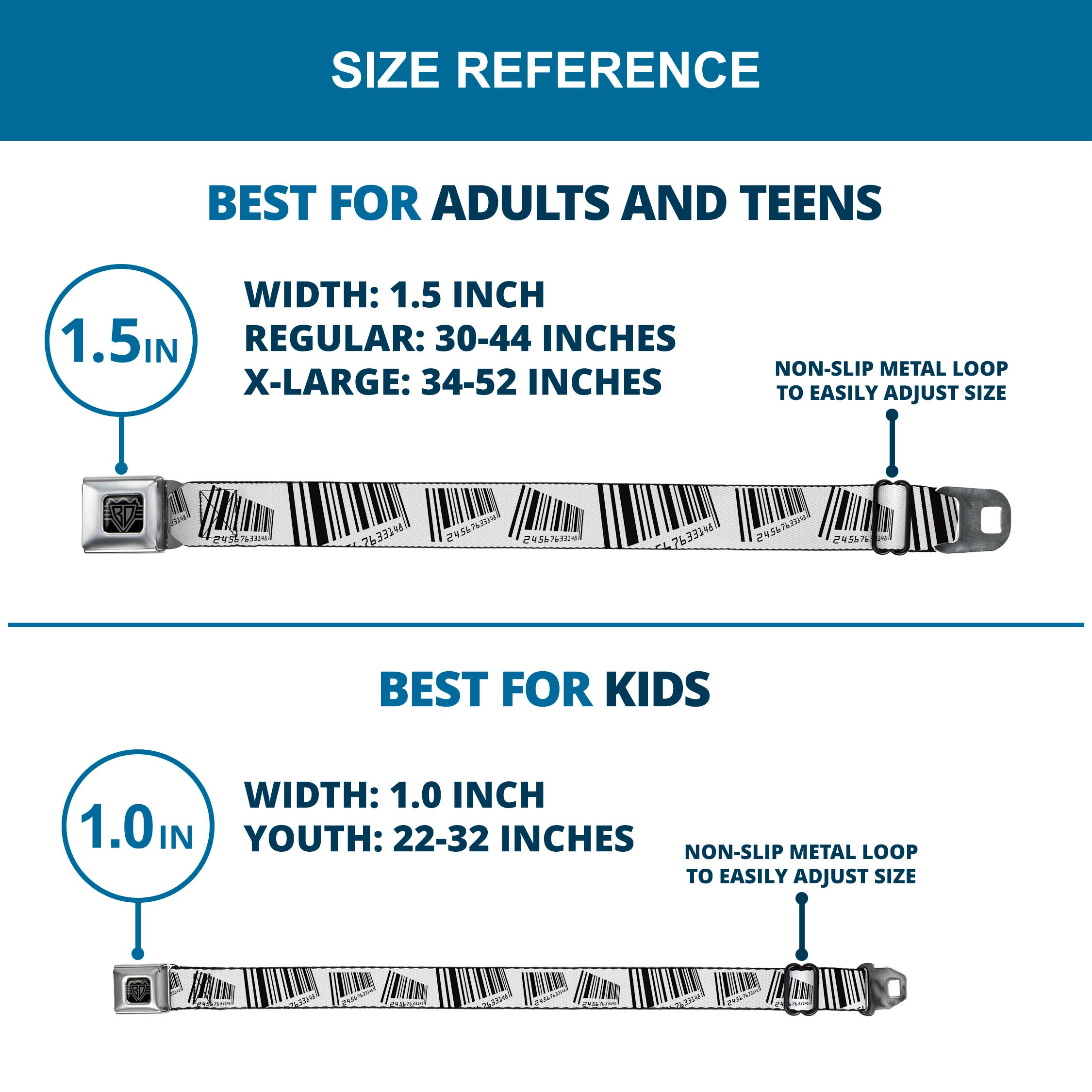 BD Wings Logo CLOSE-UP Full Color Black Silver Seatbelt Belt - Barcode Webbing Seatbelt Belts Buckle-Down