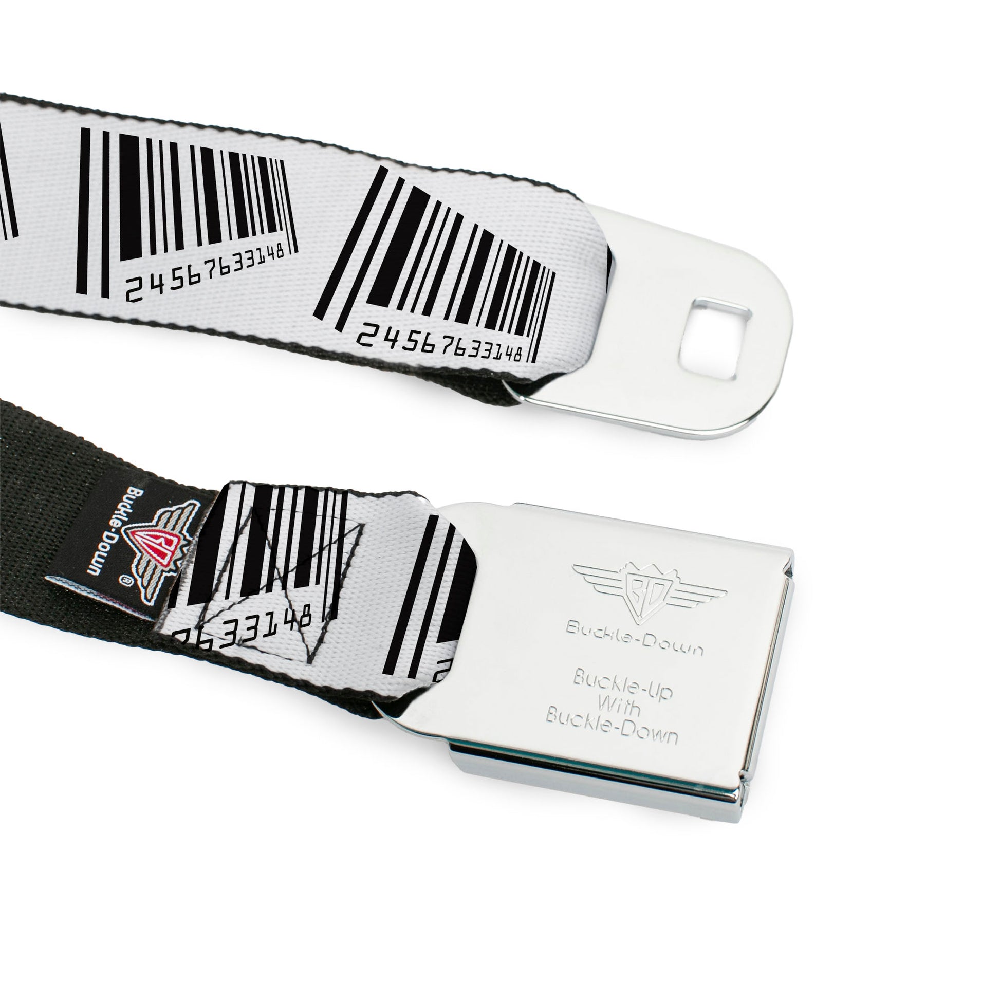 BD Wings Logo CLOSE-UP Full Color Black Silver Seatbelt Belt - Barcode Webbing Seatbelt Belts Buckle-Down