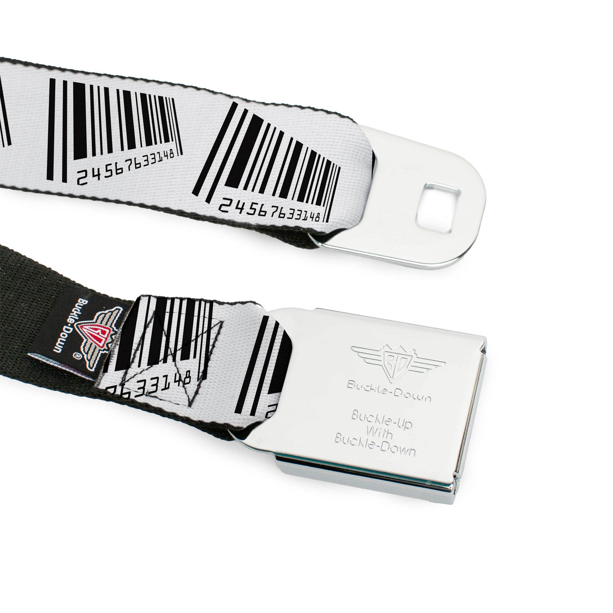 BD Wings Logo CLOSE-UP Full Color Black Silver Seatbelt Belt - Barcode Webbing Seatbelt Belts Buckle-Down