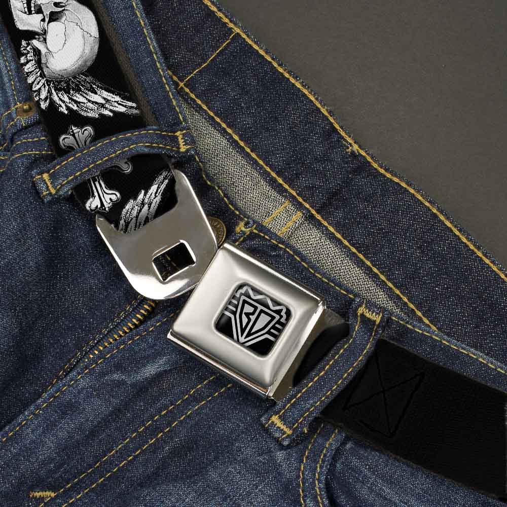 BD Wings Logo CLOSE-UP Full Color Black Silver Seatbelt Belt - BD Skulls w/Wings Black/White Webbing Seatbelt Belts Buckle-Down