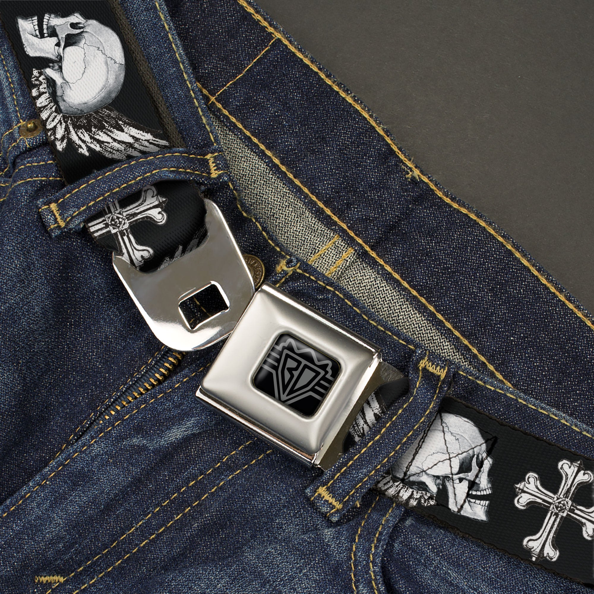 BD Wings Logo CLOSE-UP Full Color Black Silver Seatbelt Belt - BD Skulls w/Wings Black/White Webbing Seatbelt Belts Buckle-Down