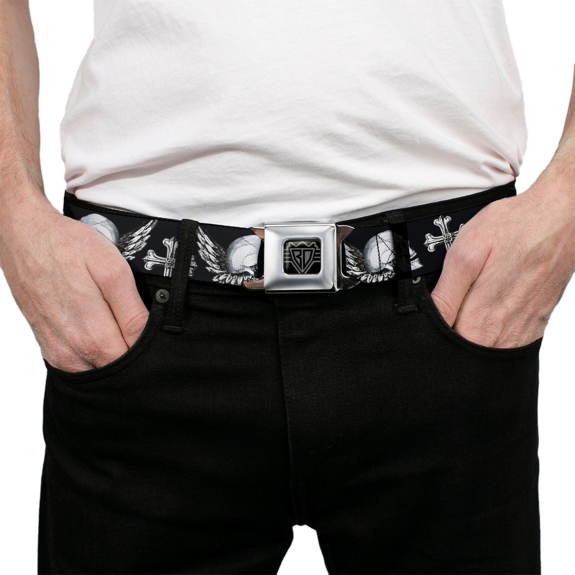 BD Wings Logo CLOSE-UP Full Color Black Silver Seatbelt Belt - BD Skulls w/Wings Black/White Webbing Seatbelt Belts Buckle-Down