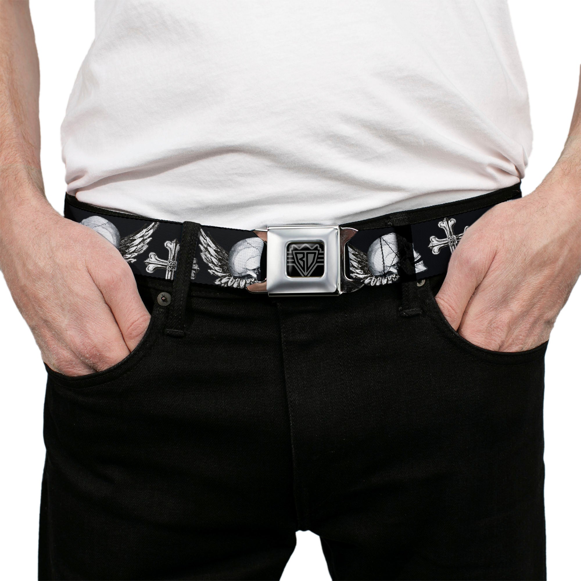 BD Wings Logo CLOSE-UP Full Color Black Silver Seatbelt Belt - BD Skulls w/Wings Black/White Webbing Seatbelt Belts Buckle-Down