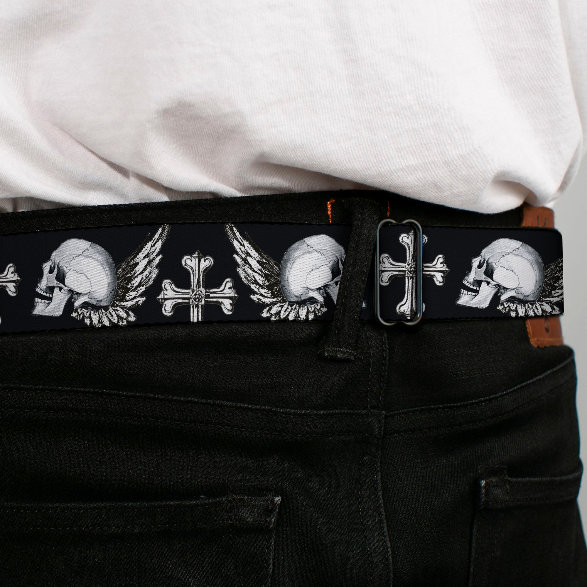 BD Wings Logo CLOSE-UP Full Color Black Silver Seatbelt Belt - BD Skulls w/Wings Black/White Webbing Seatbelt Belts Buckle-Down