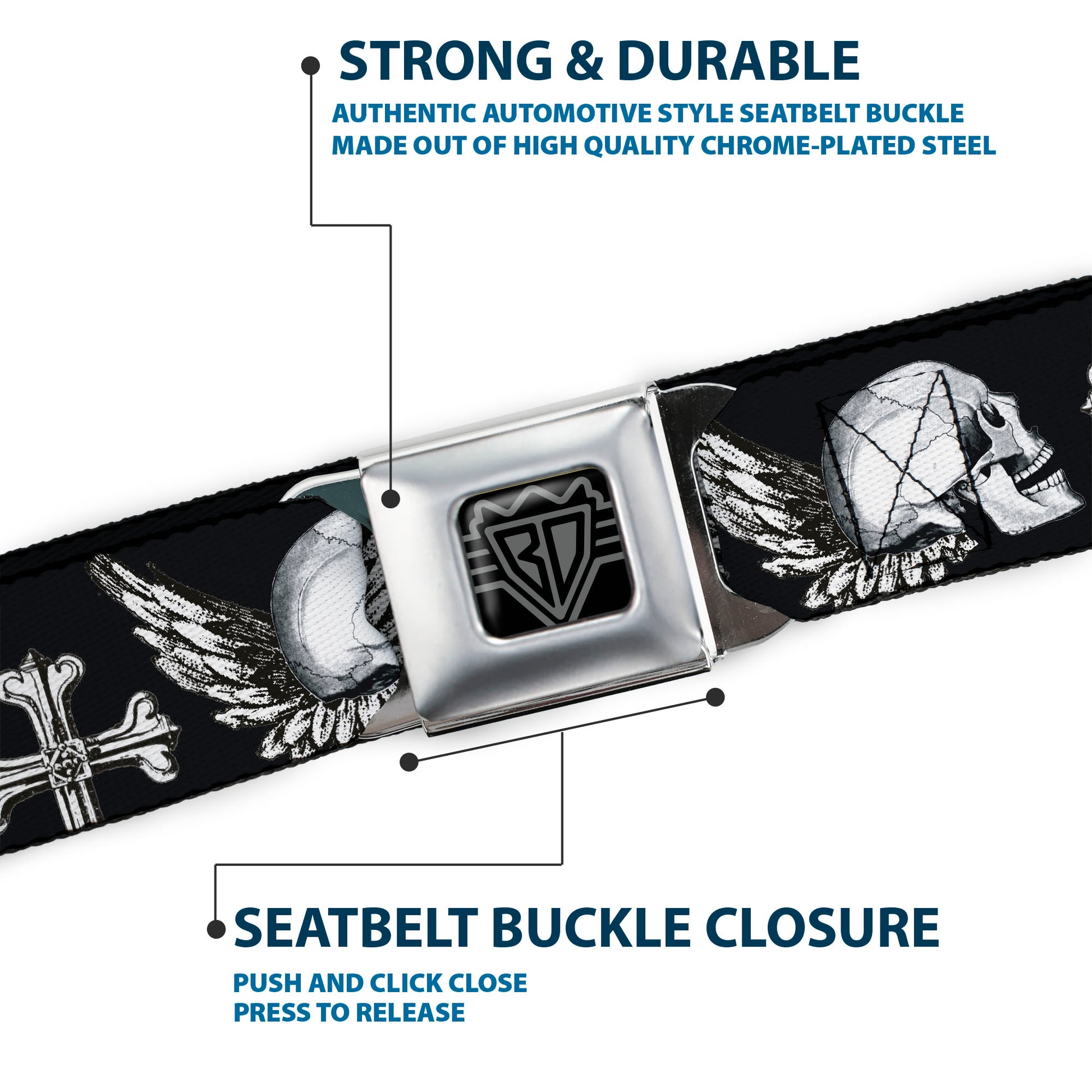 BD Wings Logo CLOSE-UP Full Color Black Silver Seatbelt Belt - BD Skulls w/Wings Black/White Webbing Seatbelt Belts Buckle-Down