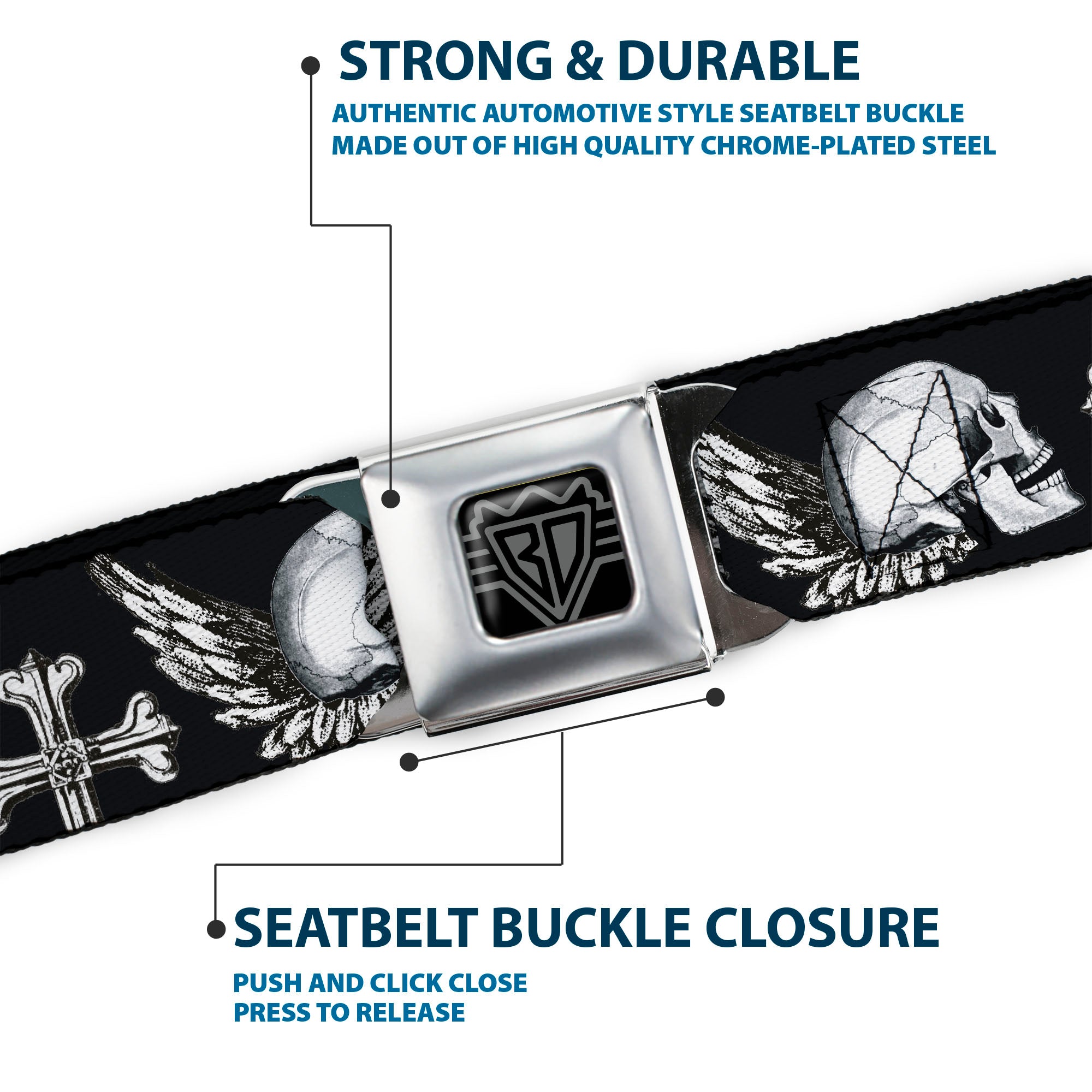 BD Wings Logo CLOSE-UP Full Color Black Silver Seatbelt Belt - BD Skulls w/Wings Black/White Webbing Seatbelt Belts Buckle-Down