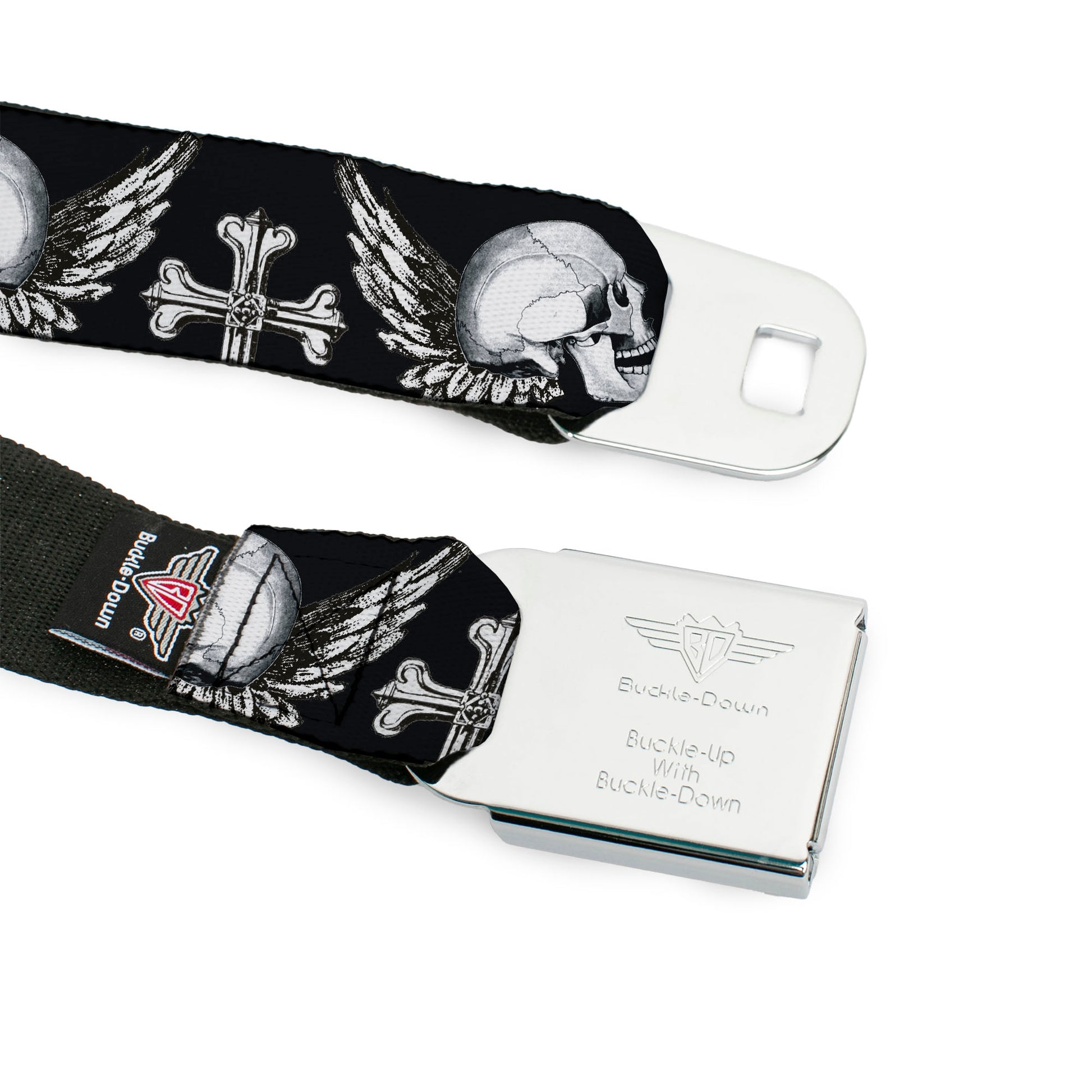 BD Wings Logo CLOSE-UP Full Color Black Silver Seatbelt Belt - BD Skulls w/Wings Black/White Webbing Seatbelt Belts Buckle-Down