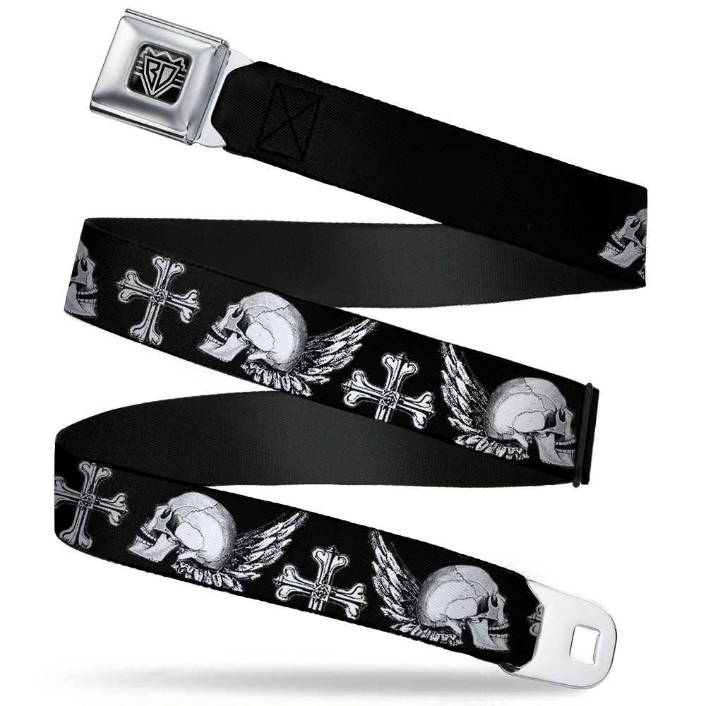 BD Wings Logo CLOSE-UP Full Color Black Silver Seatbelt Belt - BD Skulls w/Wings Black/White Webbing Seatbelt Belts Buckle-Down