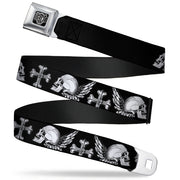 BD Wings Logo CLOSE-UP Full Color Black Silver Seatbelt Belt - BD Skulls w/Wings Black/White Webbing Seatbelt Belts Buckle-Down