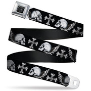 BD Wings Logo CLOSE-UP Full Color Black Silver Seatbelt Belt - BD Skulls w/Wings Black/White Webbing Seatbelt Belts Buckle-Down