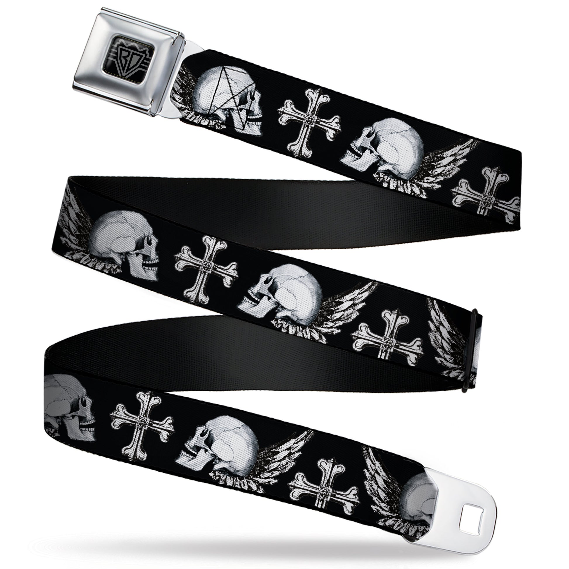 BD Wings Logo CLOSE-UP Full Color Black Silver Seatbelt Belt - BD Skulls w/Wings Black/White Webbing Seatbelt Belts Buckle-Down