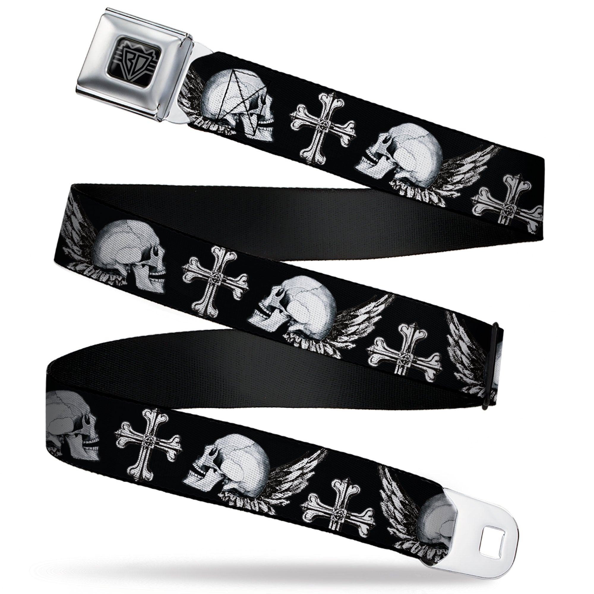BD Wings Logo CLOSE-UP Full Color Black Silver Seatbelt Belt - BD Skulls w/Wings Black/White Webbing Seatbelt Belts Buckle-Down
