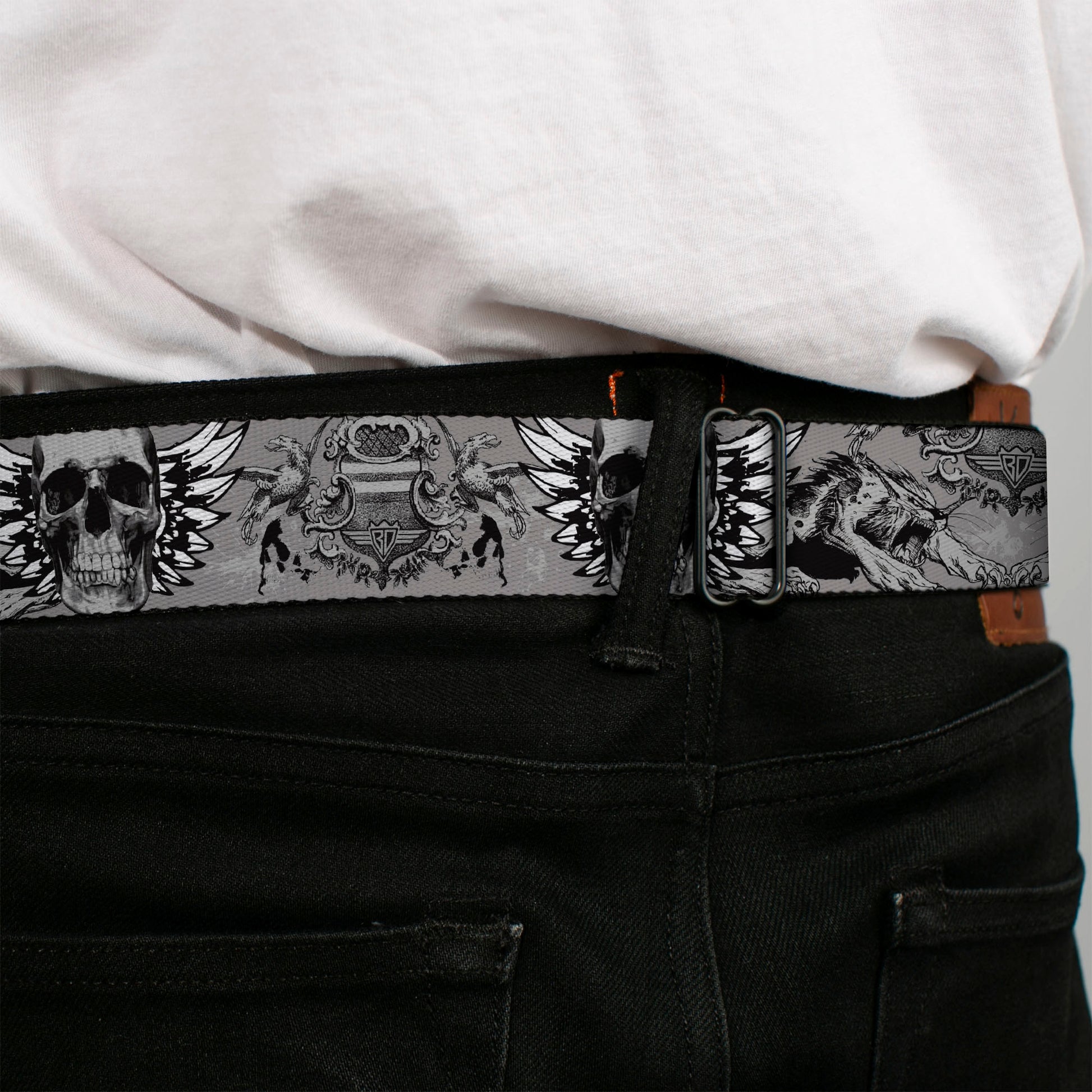 BD Wings Logo CLOSE-UP Full Color Black Silver Seatbelt Belt - BD Werewolves Webbing Seatbelt Belts Buckle-Down