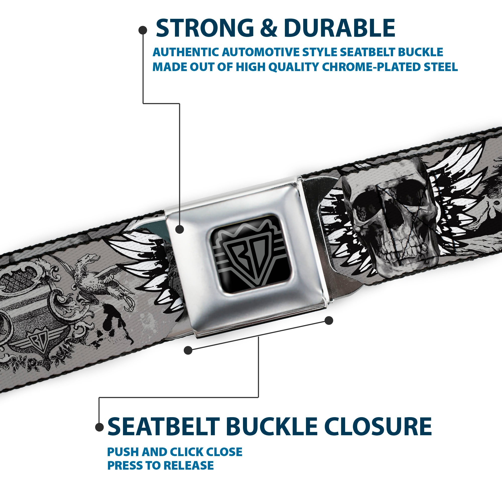 BD Wings Logo CLOSE-UP Full Color Black Silver Seatbelt Belt - BD Werewolves Webbing Seatbelt Belts Buckle-Down