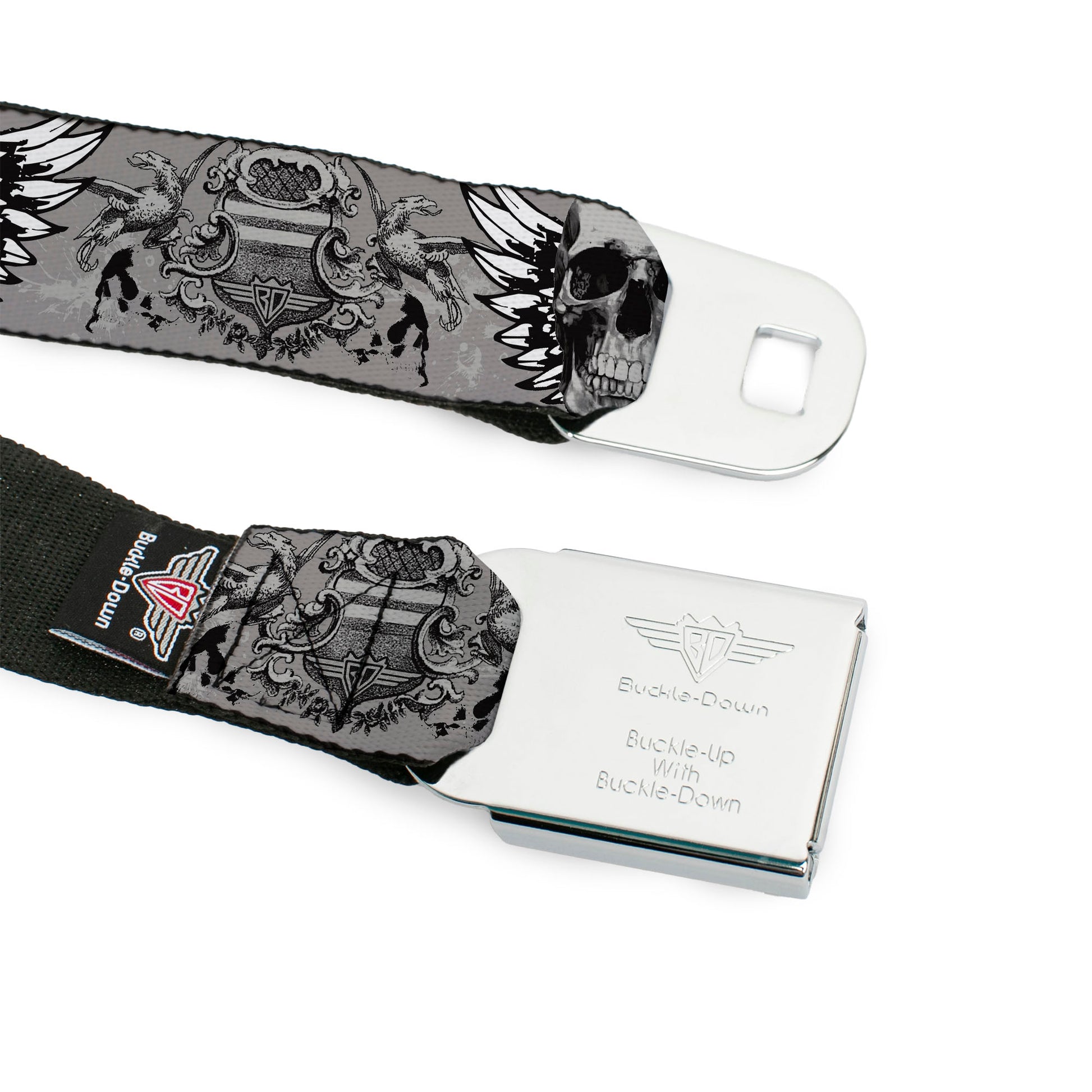 BD Wings Logo CLOSE-UP Full Color Black Silver Seatbelt Belt - BD Werewolves Webbing Seatbelt Belts Buckle-Down