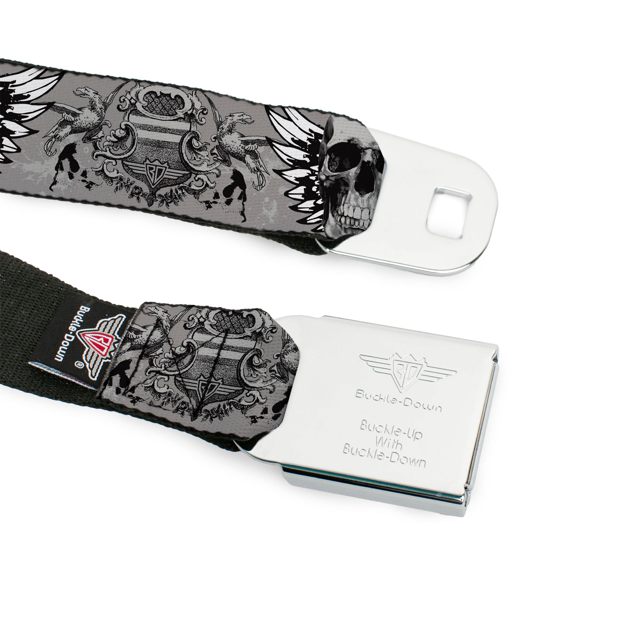 BD Wings Logo CLOSE-UP Full Color Black Silver Seatbelt Belt - BD Werewolves Webbing Seatbelt Belts Buckle-Down