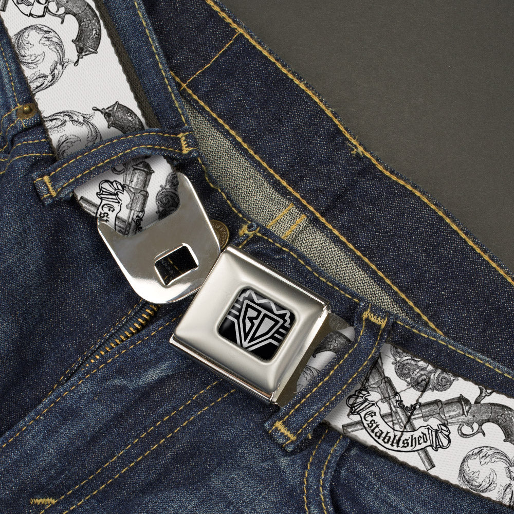 BD Wings Logo CLOSE-UP Full Color Black Silver Seatbelt Belt - BD Est. 93 White Webbing Seatbelt Belts Buckle-Down