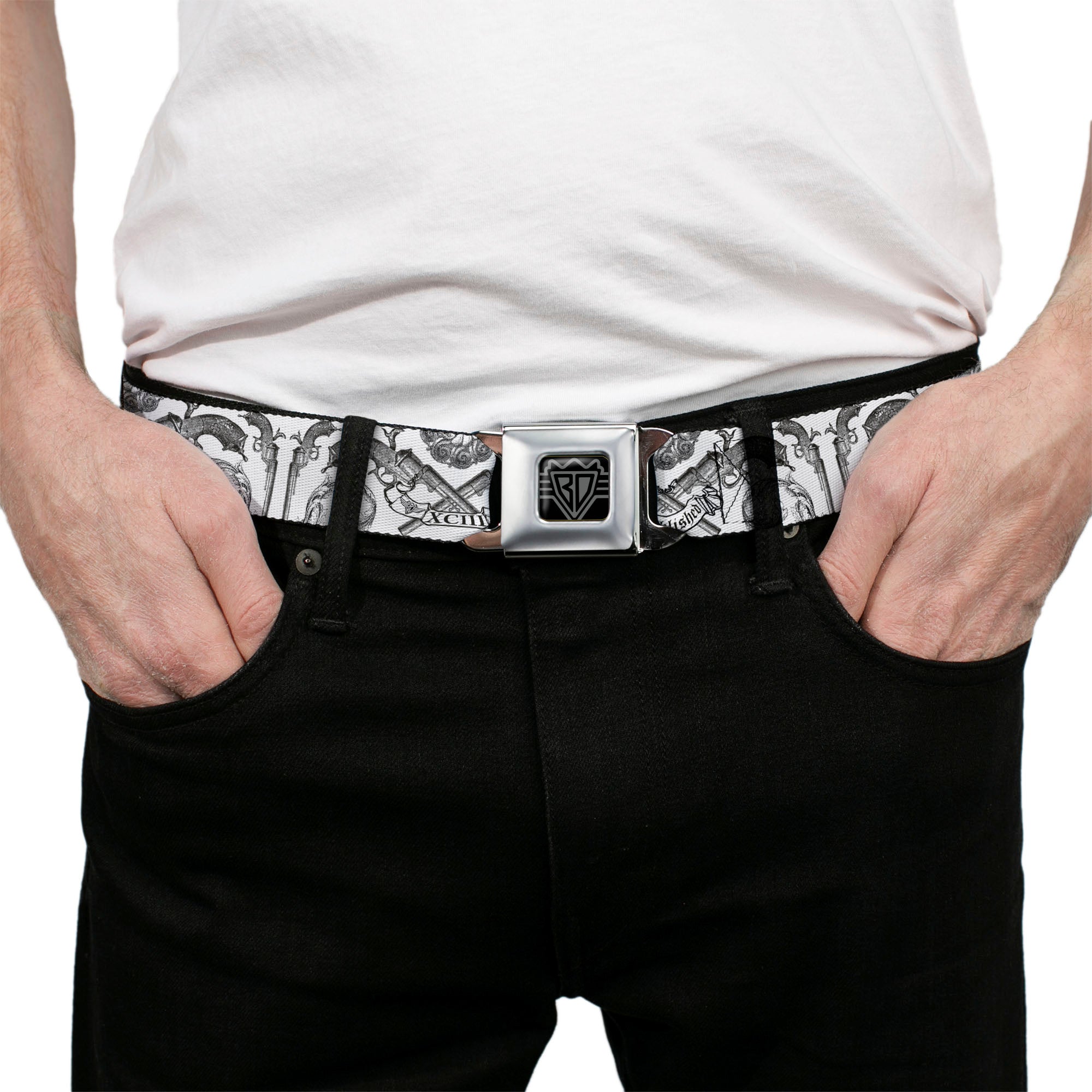BD Wings Logo CLOSE-UP Full Color Black Silver Seatbelt Belt - BD Est. 93 White Webbing Seatbelt Belts Buckle-Down