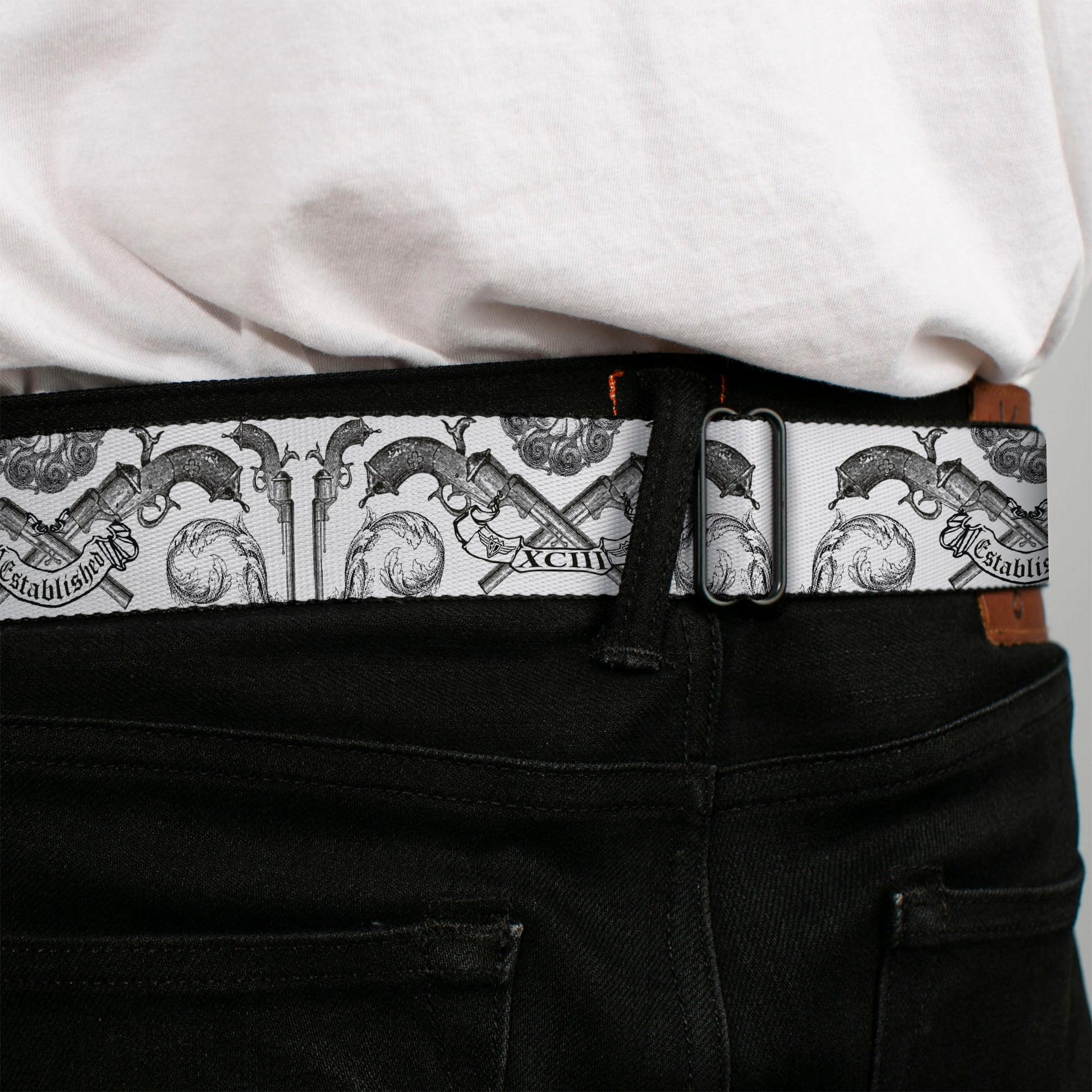 BD Wings Logo CLOSE-UP Full Color Black Silver Seatbelt Belt - BD Est. 93 White Webbing Seatbelt Belts Buckle-Down