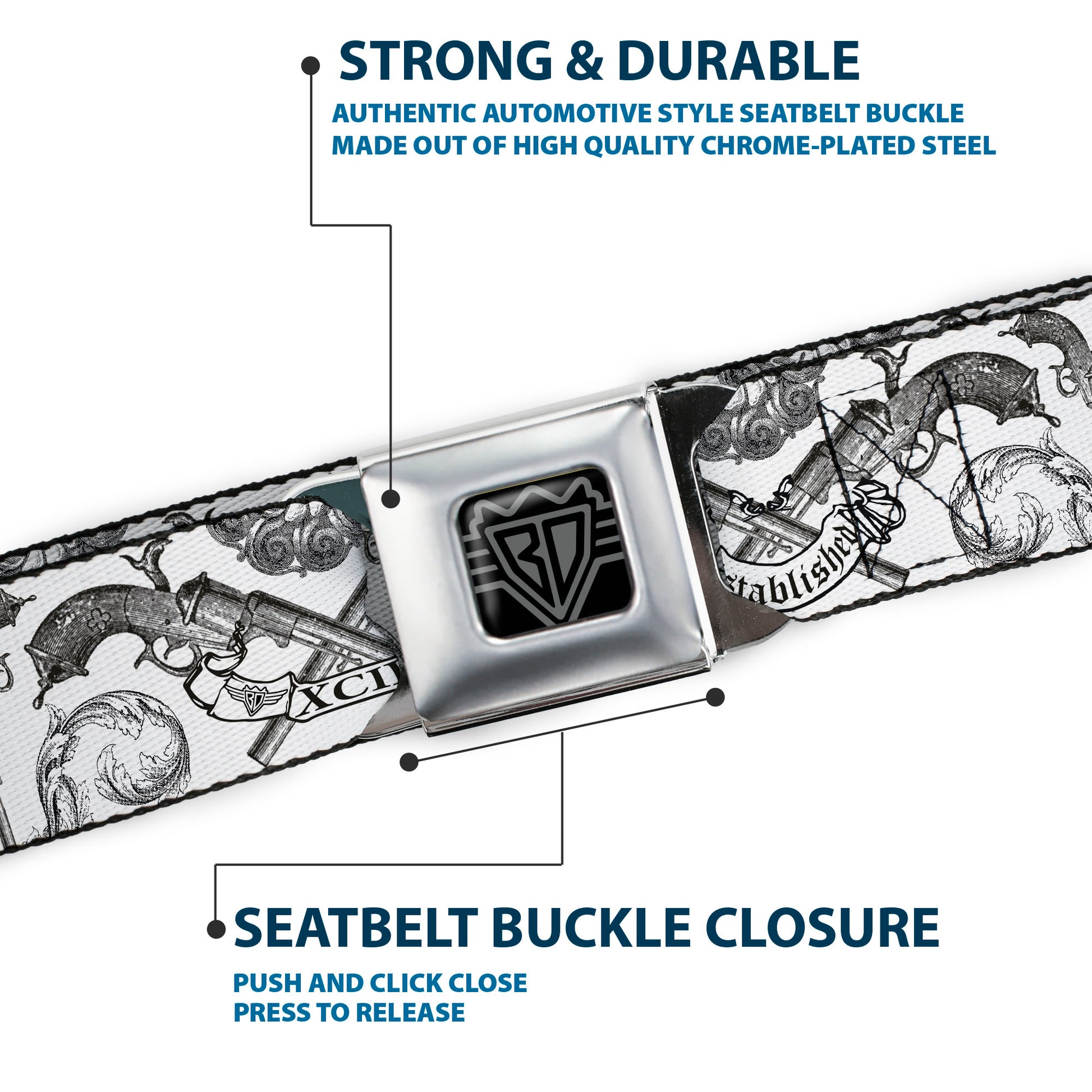 BD Wings Logo CLOSE-UP Full Color Black Silver Seatbelt Belt - BD Est. 93 White Webbing Seatbelt Belts Buckle-Down