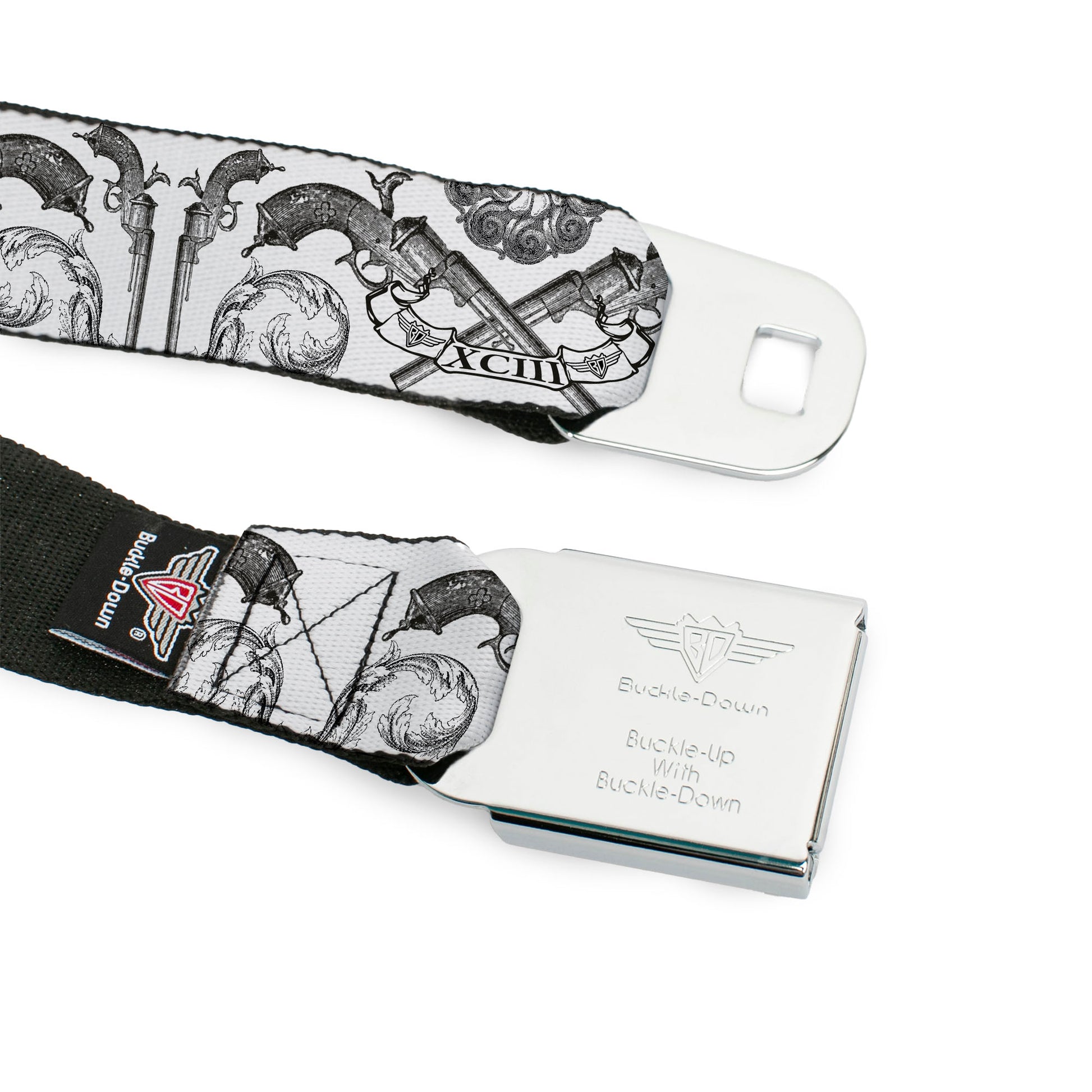 BD Wings Logo CLOSE-UP Full Color Black Silver Seatbelt Belt - BD Est. 93 White Webbing Seatbelt Belts Buckle-Down