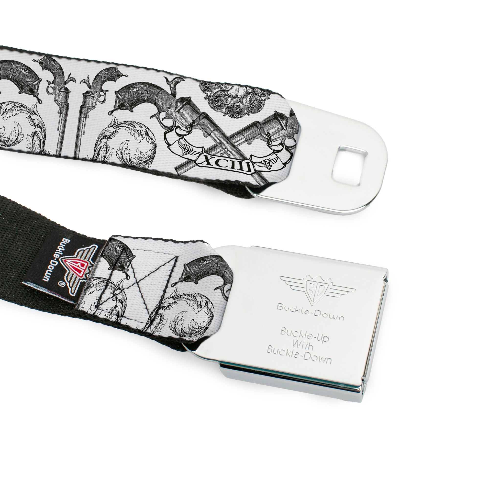 BD Wings Logo CLOSE-UP Full Color Black Silver Seatbelt Belt - BD Est. 93 White Webbing Seatbelt Belts Buckle-Down