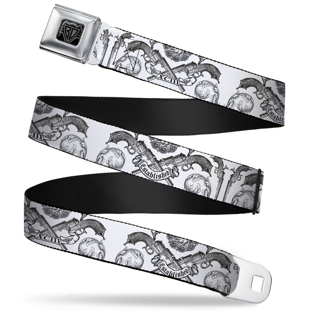BD Wings Logo CLOSE-UP Full Color Black Silver Seatbelt Belt - BD Est. 93 White Webbing Seatbelt Belts Buckle-Down