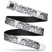 BD Wings Logo CLOSE-UP Full Color Black Silver Seatbelt Belt - BD Est. 93 White Webbing Seatbelt Belts Buckle-Down
