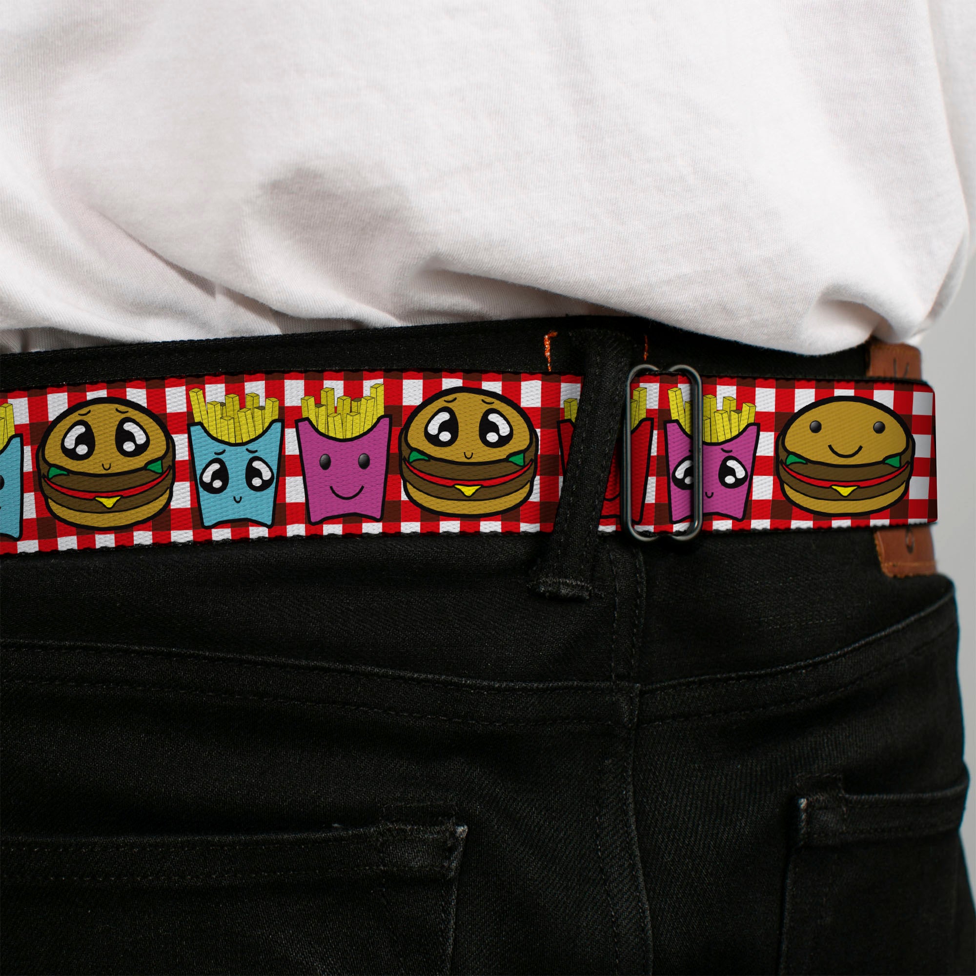 BD Wings Logo CLOSE-UP Full Color Black Silver Seatbelt Belt - Burger & Fries Cartoon Webbing Seatbelt Belts Buckle-Down