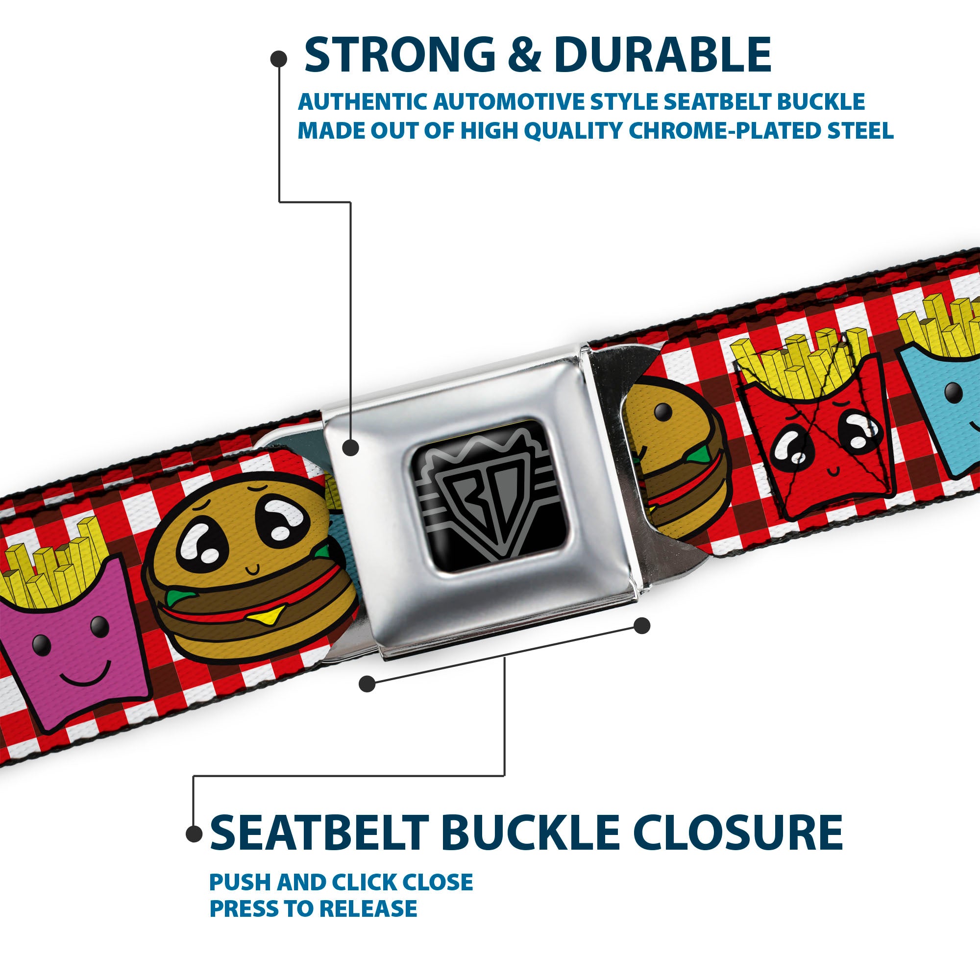 BD Wings Logo CLOSE-UP Full Color Black Silver Seatbelt Belt - Burger & Fries Cartoon Webbing Seatbelt Belts Buckle-Down