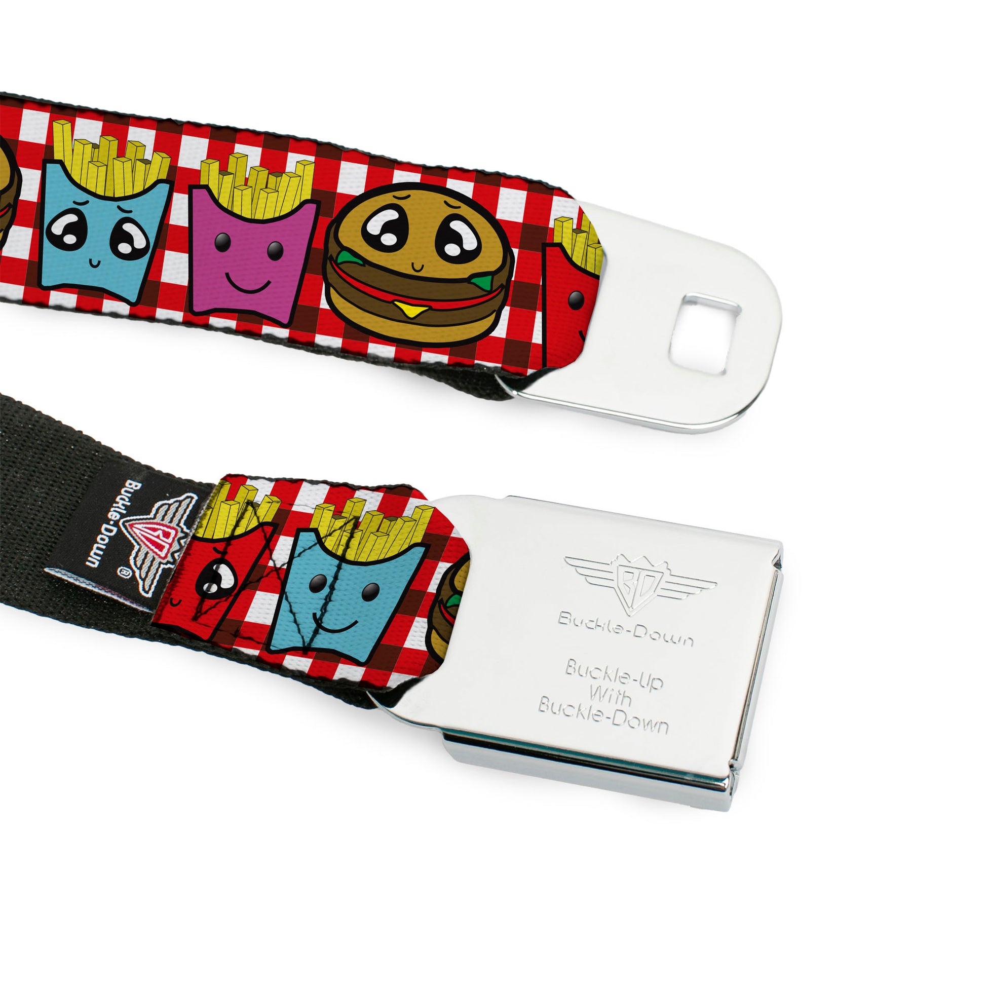 BD Wings Logo CLOSE-UP Full Color Black Silver Seatbelt Belt - Burger & Fries Cartoon Webbing Seatbelt Belts Buckle-Down