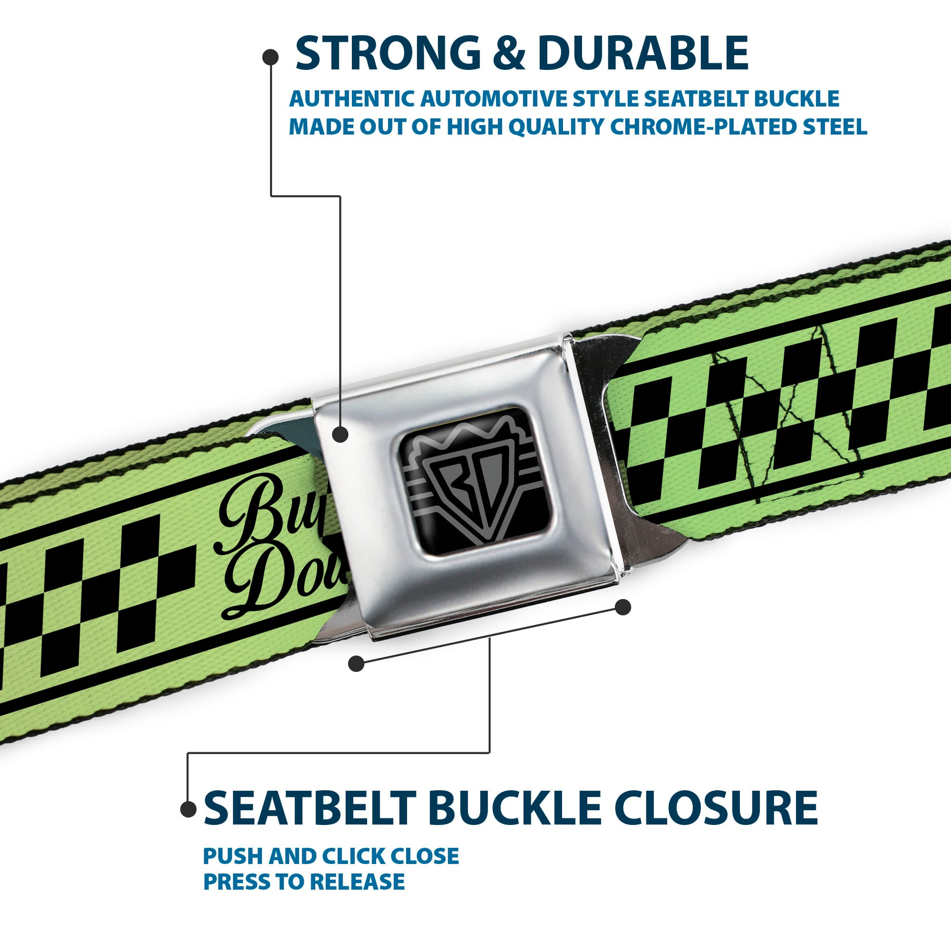 BD Wings Logo CLOSE-UP Full Color Black Silver Seatbelt Belt - Buckle-Down Cab Stripe Green/Yellow Fade Webbing Seatbelt Belts Buckle-Down