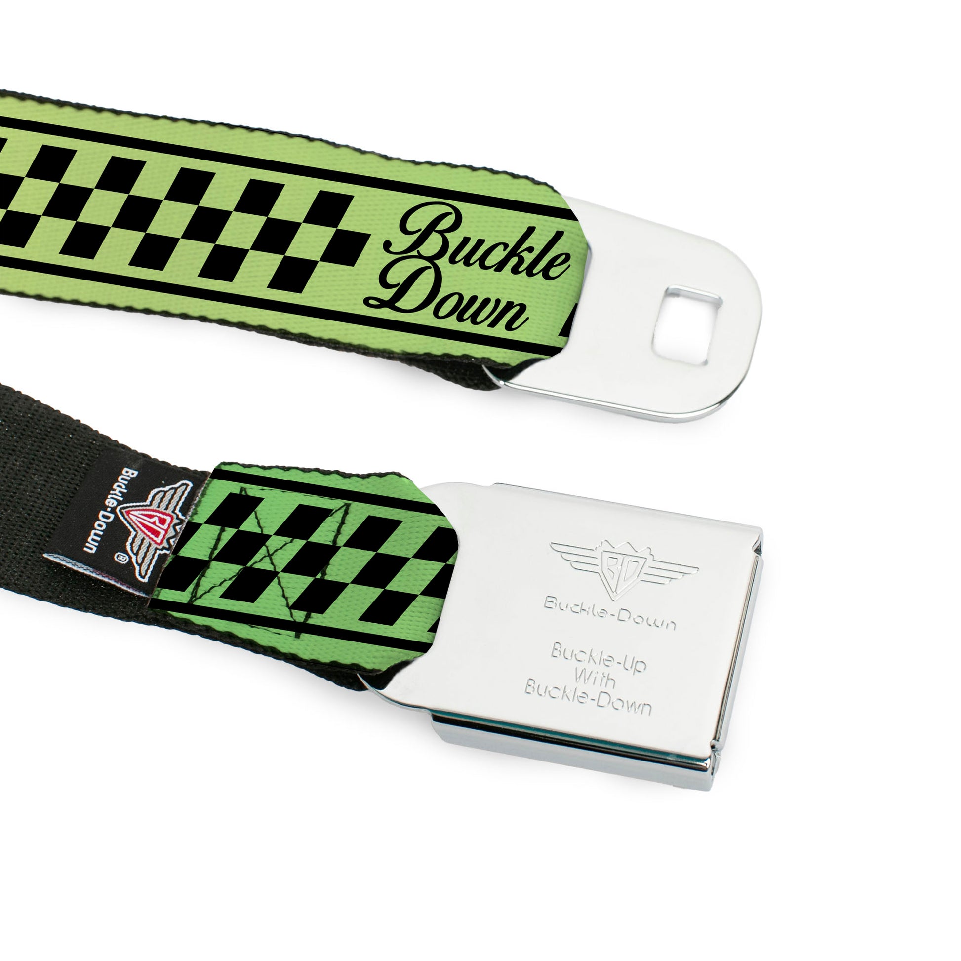 BD Wings Logo CLOSE-UP Full Color Black Silver Seatbelt Belt - Buckle-Down Cab Stripe Green/Yellow Fade Webbing Seatbelt Belts Buckle-Down