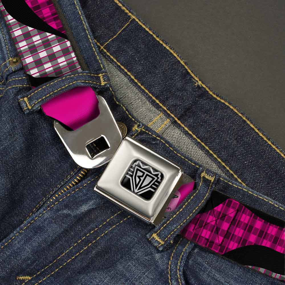BD Wings Logo CLOSE-UP Full Color Black Silver Seatbelt Belt - Buffalo Plaid Abstract White/Black/Fuchsia Webbing Seatbelt Belts Buckle-Down