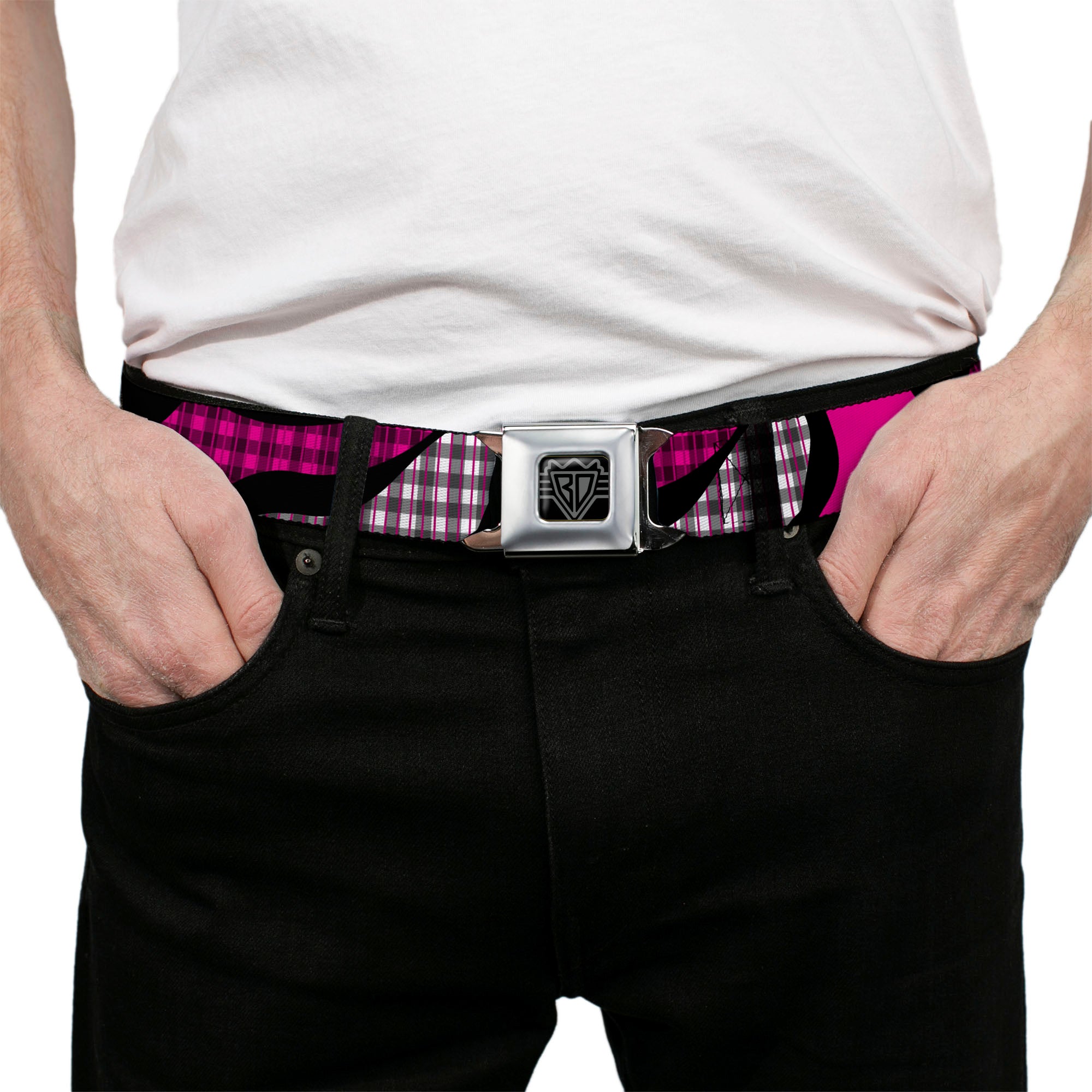 BD Wings Logo CLOSE-UP Full Color Black Silver Seatbelt Belt - Buffalo Plaid Abstract White/Black/Fuchsia Webbing Seatbelt Belts Buckle-Down