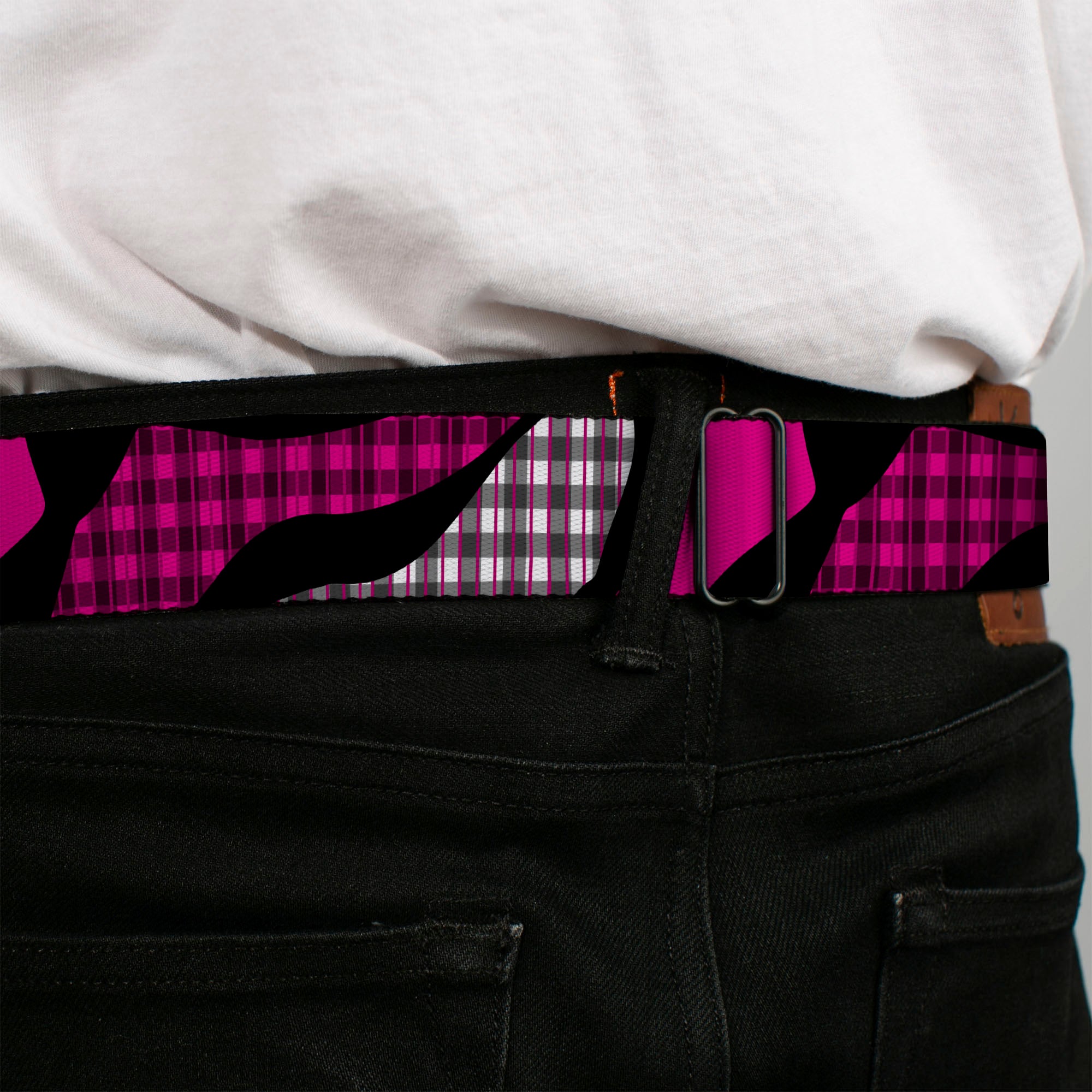 BD Wings Logo CLOSE-UP Full Color Black Silver Seatbelt Belt - Buffalo Plaid Abstract White/Black/Fuchsia Webbing Seatbelt Belts Buckle-Down
