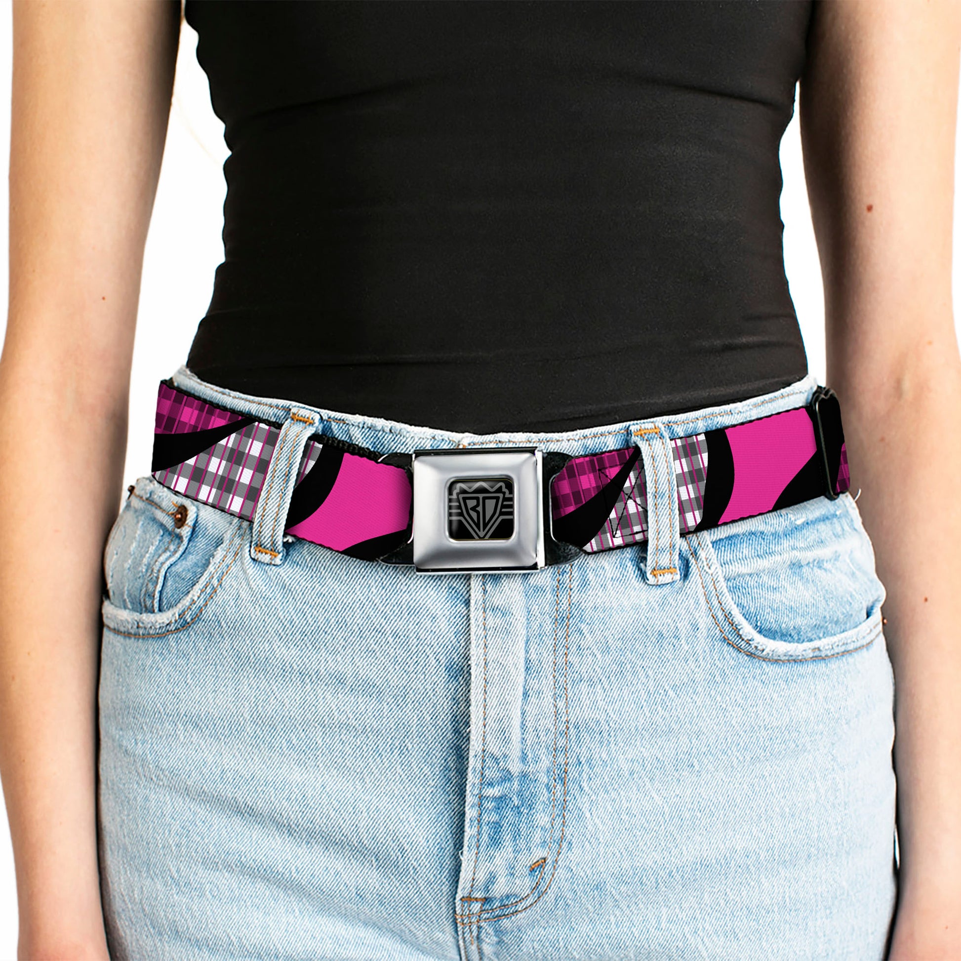 BD Wings Logo CLOSE-UP Full Color Black Silver Seatbelt Belt - Buffalo Plaid Abstract White/Black/Fuchsia Webbing Seatbelt Belts Buckle-Down